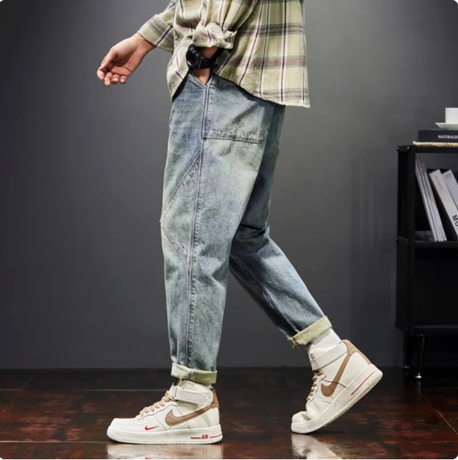 New Trendy Loose Straight Tube Haren Workwear Nine Quarter Jeans - enhanced image 5