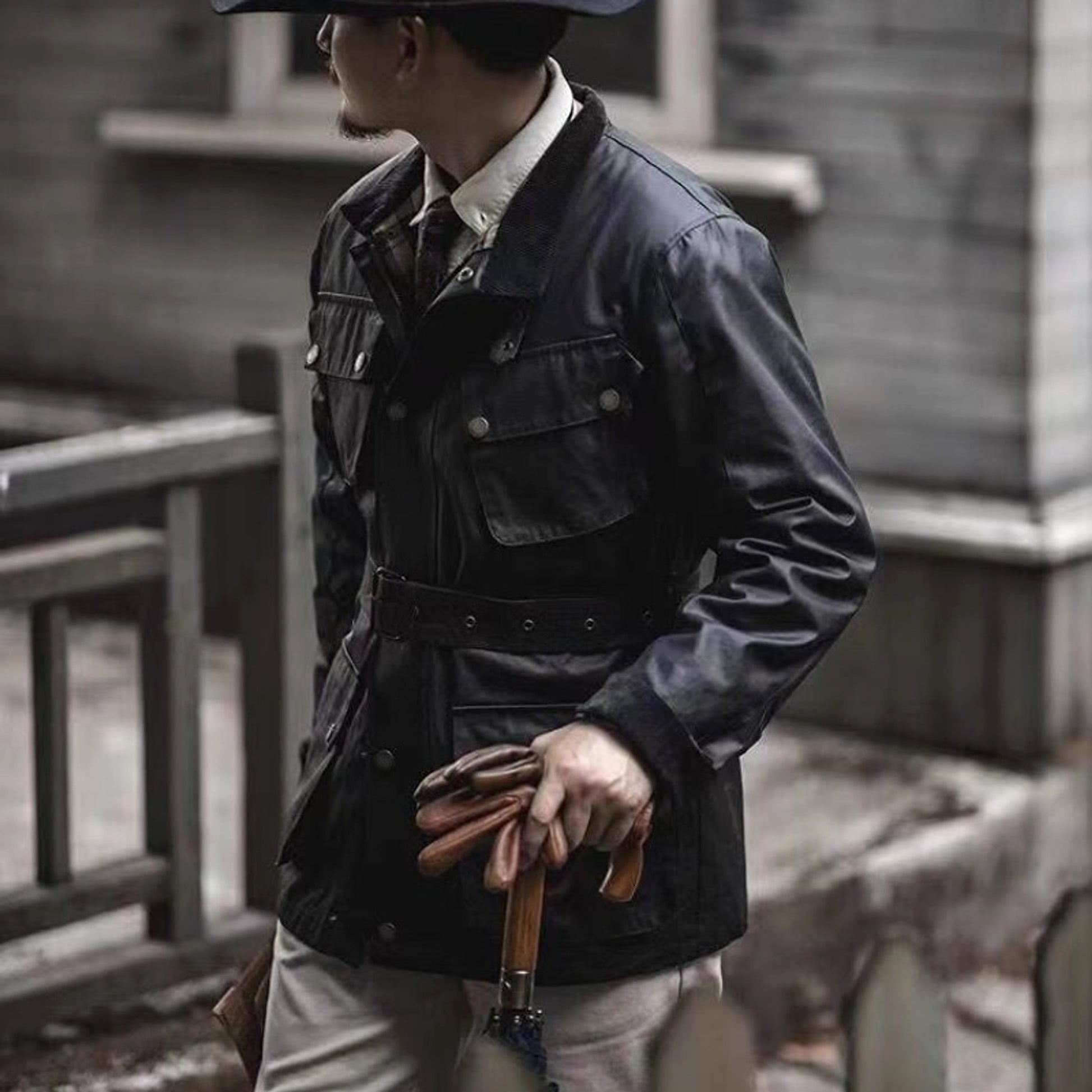 Oil Wax Jacket Trench Retro Biker's Waterproof Coat For Men - enhanced image 5