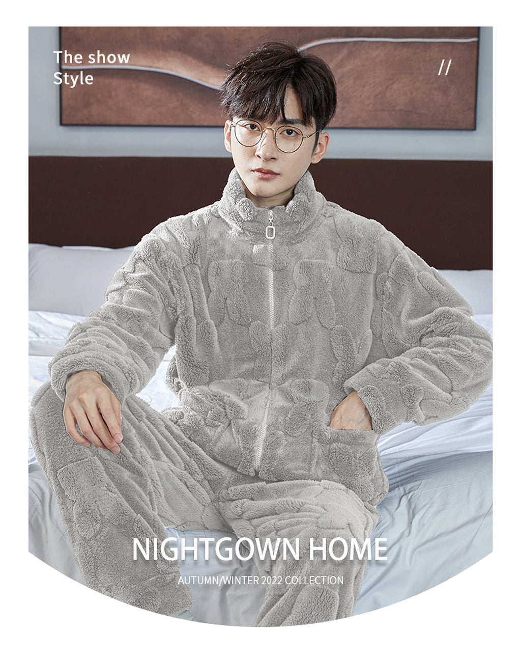 Pajamas Men's Jacquard Flannel Loose Fleece-lined Warm Loungewear - enhanced image 5