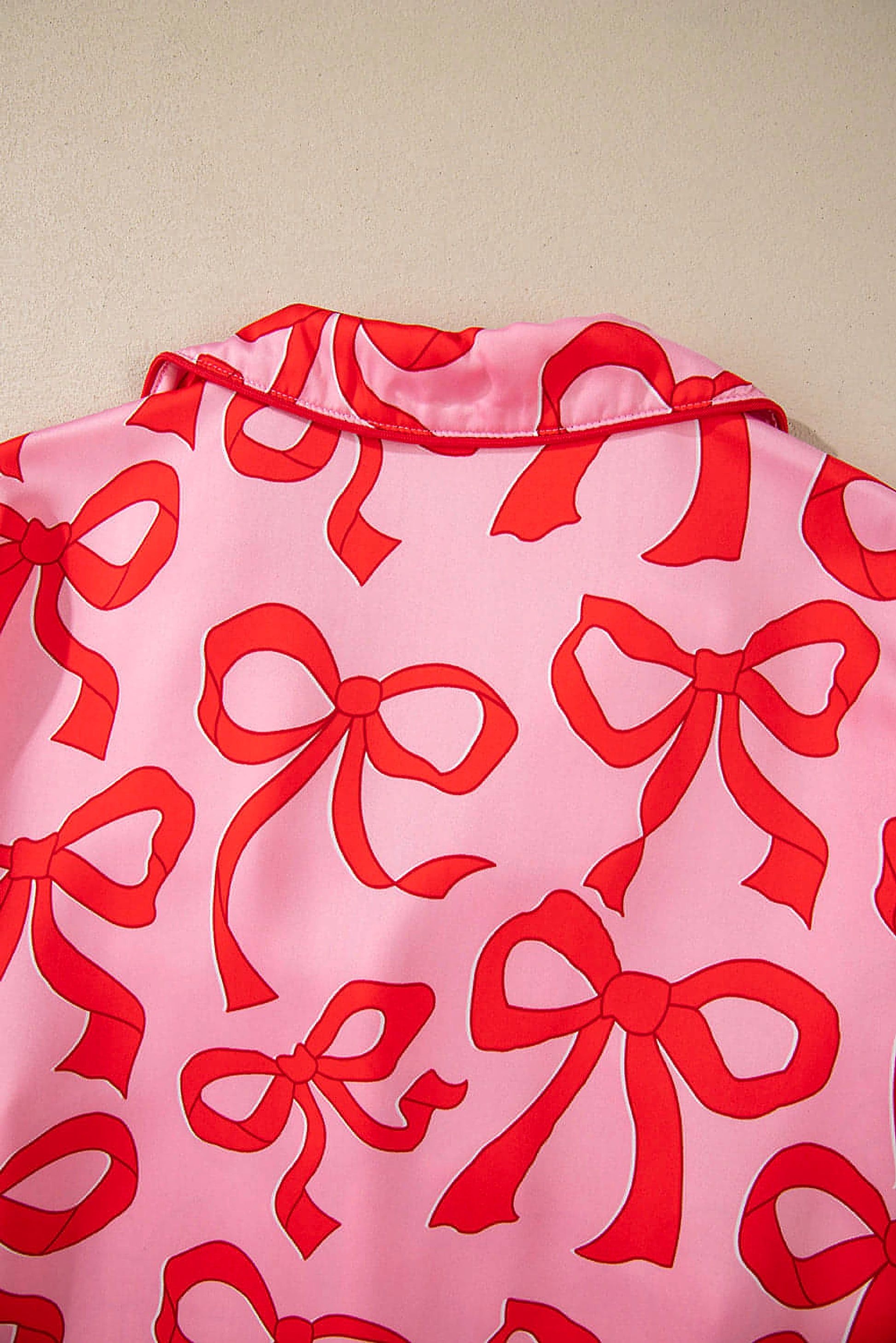 Pink 2pcs Bow Print Shirt Style Long Sleeve Pajama Set - enhanced image 5