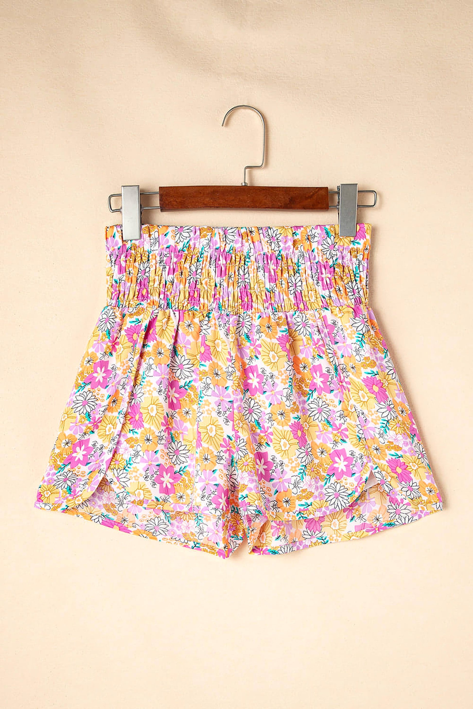 Pink Boho Floral Shirred High Waist Casual Shorts - enhanced image 5