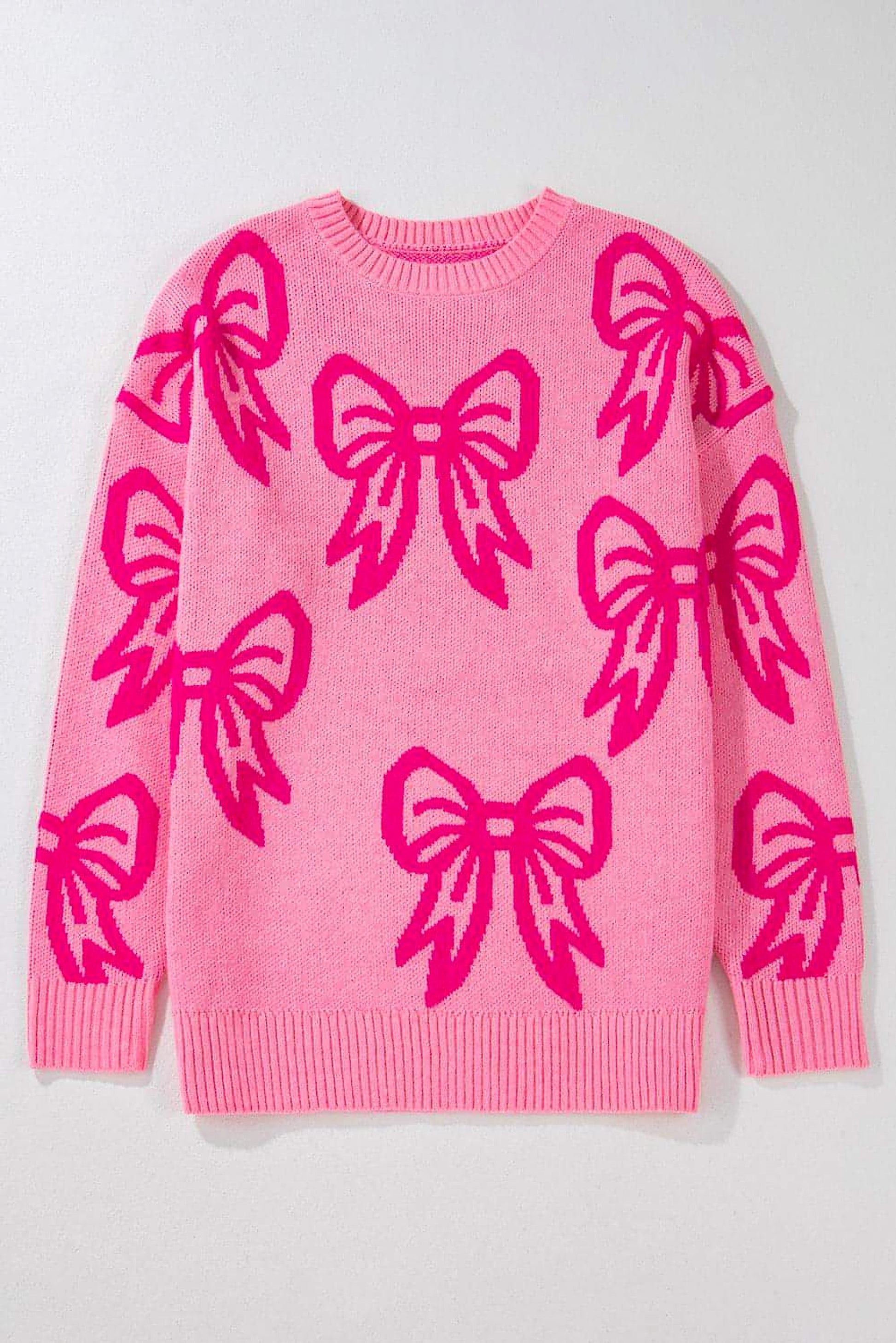 Pink Bow Pattern Drop Shoulder Loose Sweater - enhanced image 5