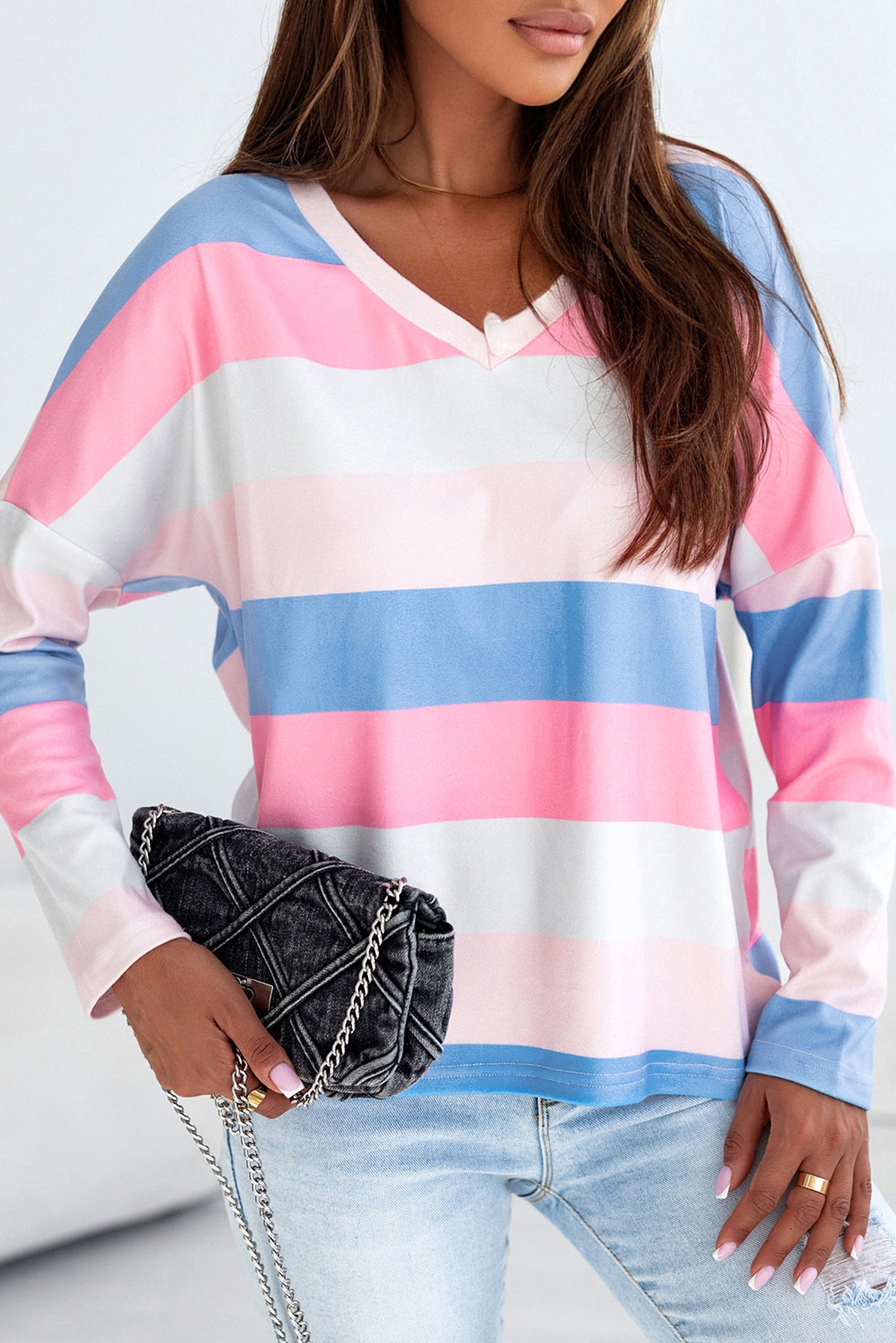 Pink Contrast Striped V Neck Long Sleeve Top - enhanced image 5