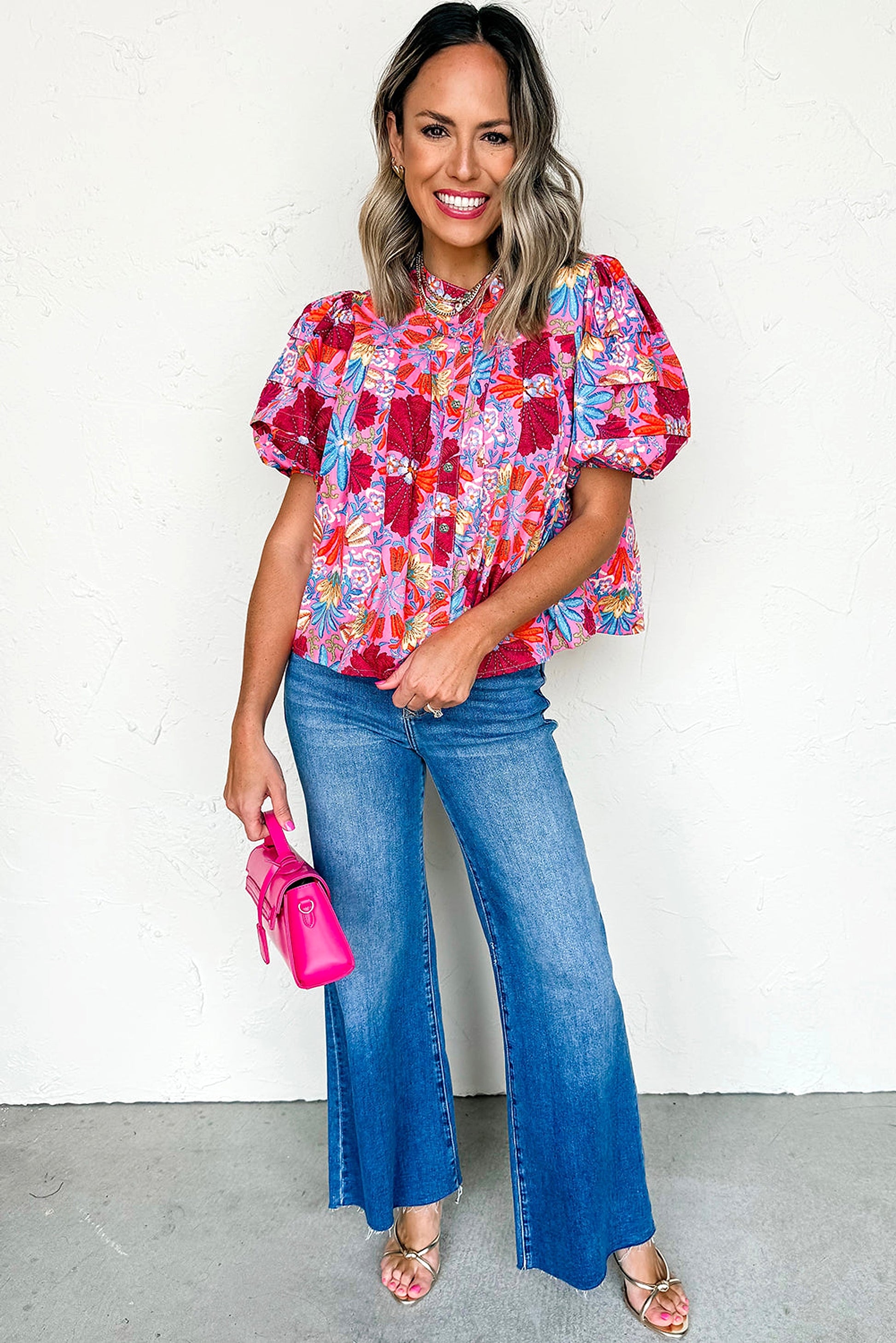Pink Floral Print Bubble Sleeve Button Up Pleated Shirt - enhanced image 5
