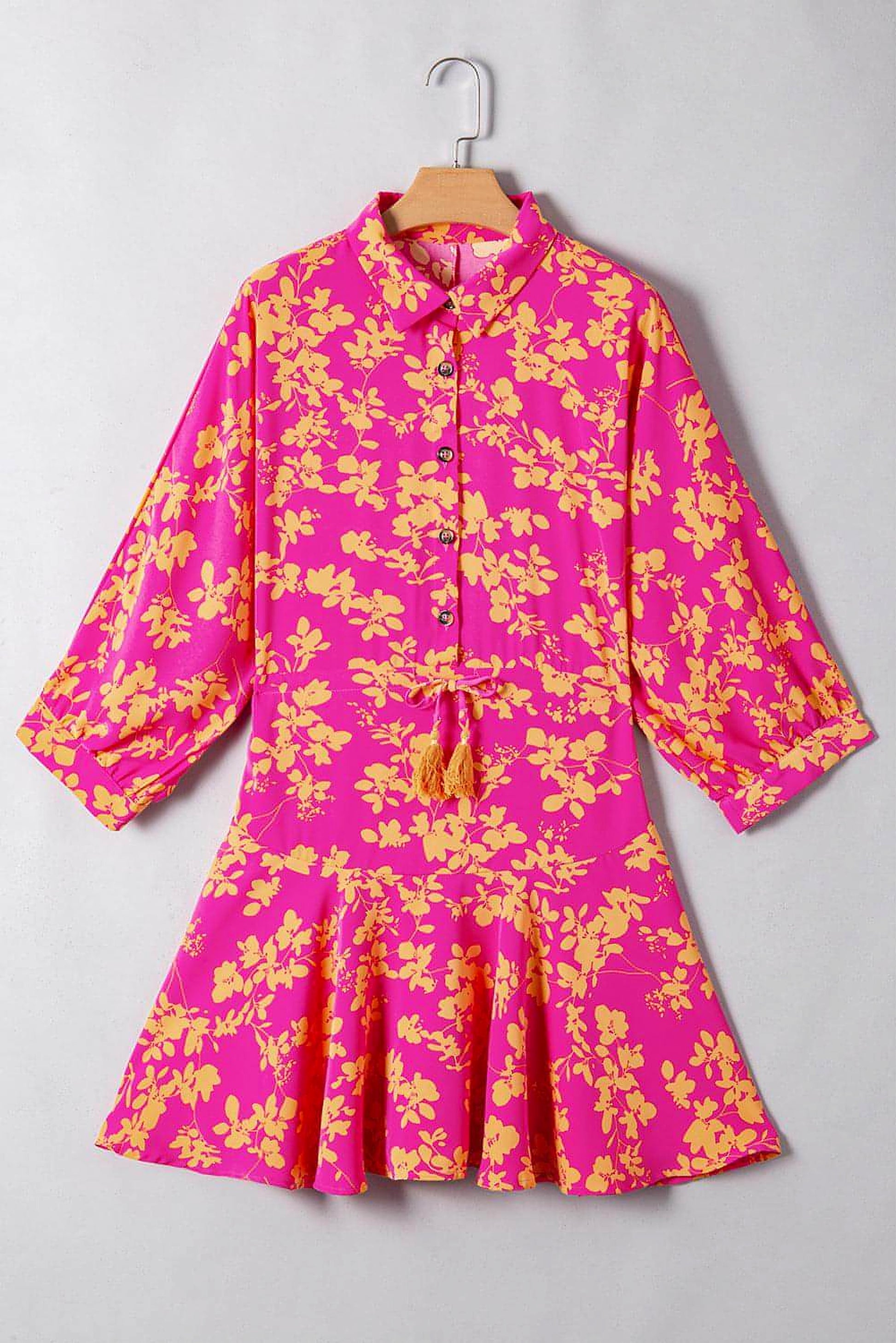 Pink Floral Print Drawstring Tunic Flowy Short Dress - enhanced image 5
