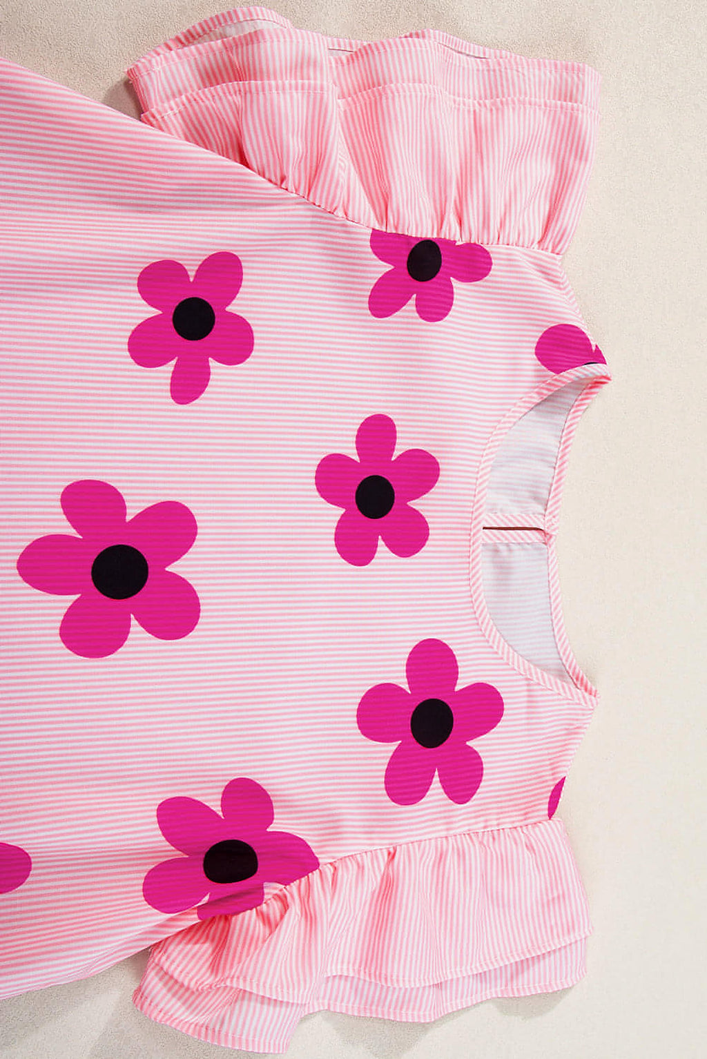 Pink Pinstripe Floral Print Ruffled Flutter Sleeve Blouse - enhanced image 5