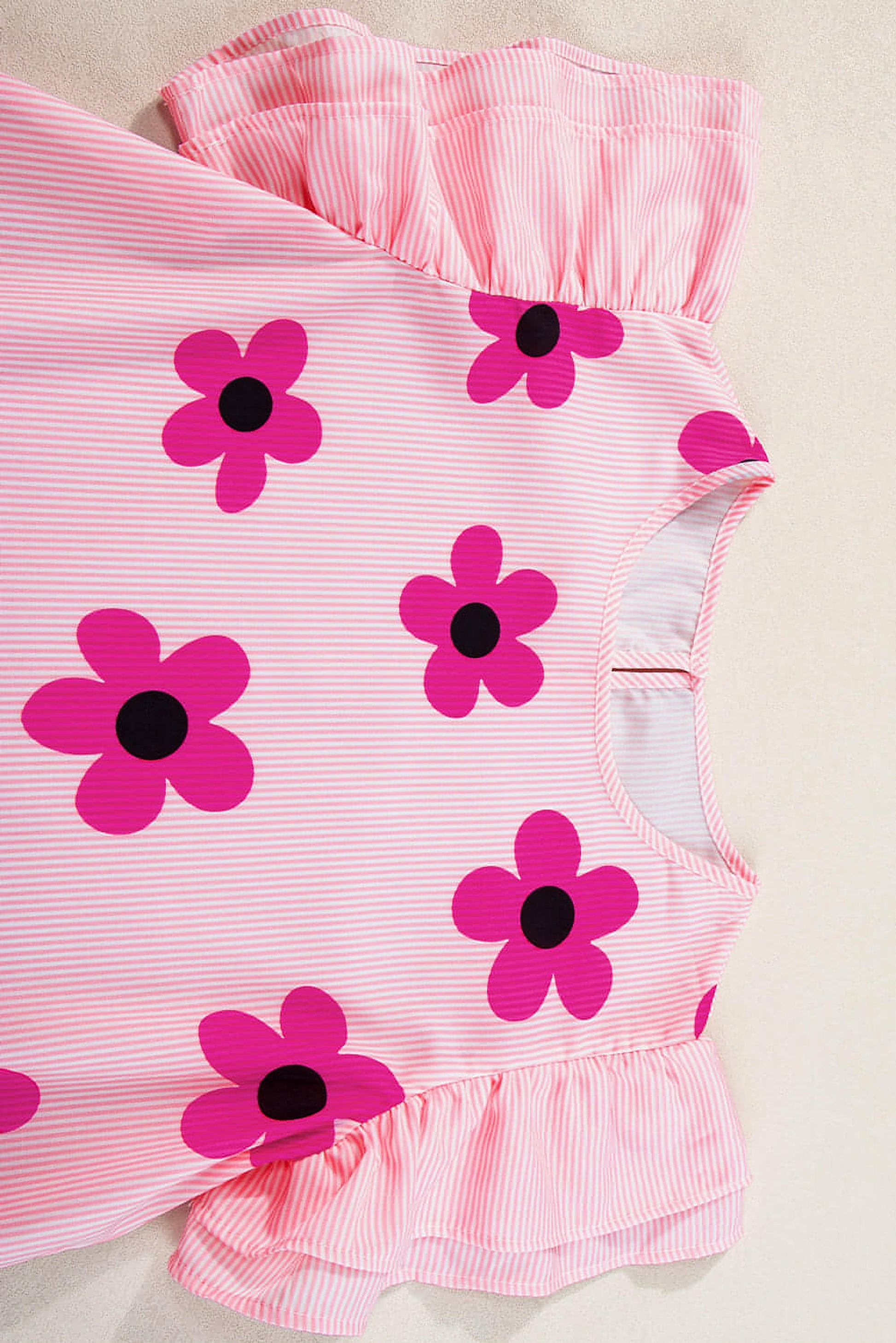 Pink Pinstripe Floral Print Ruffled Flutter Sleeve Blouse - enhanced image 5