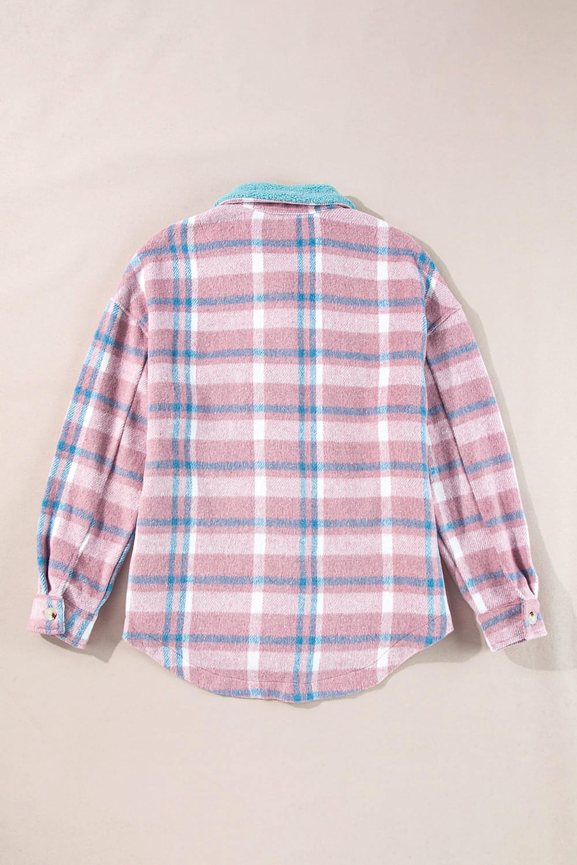Pink Plaid Print Color Block Collared Flap Pockets Loose Shacket - enhanced image 5