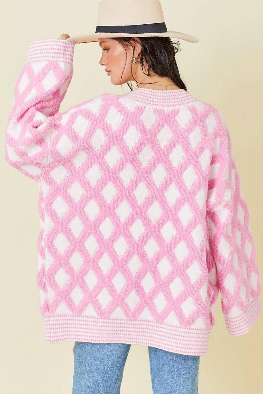 Pink Rhombus Pattern Knit Open Front Pocketed Cardigans - enhanced image 5