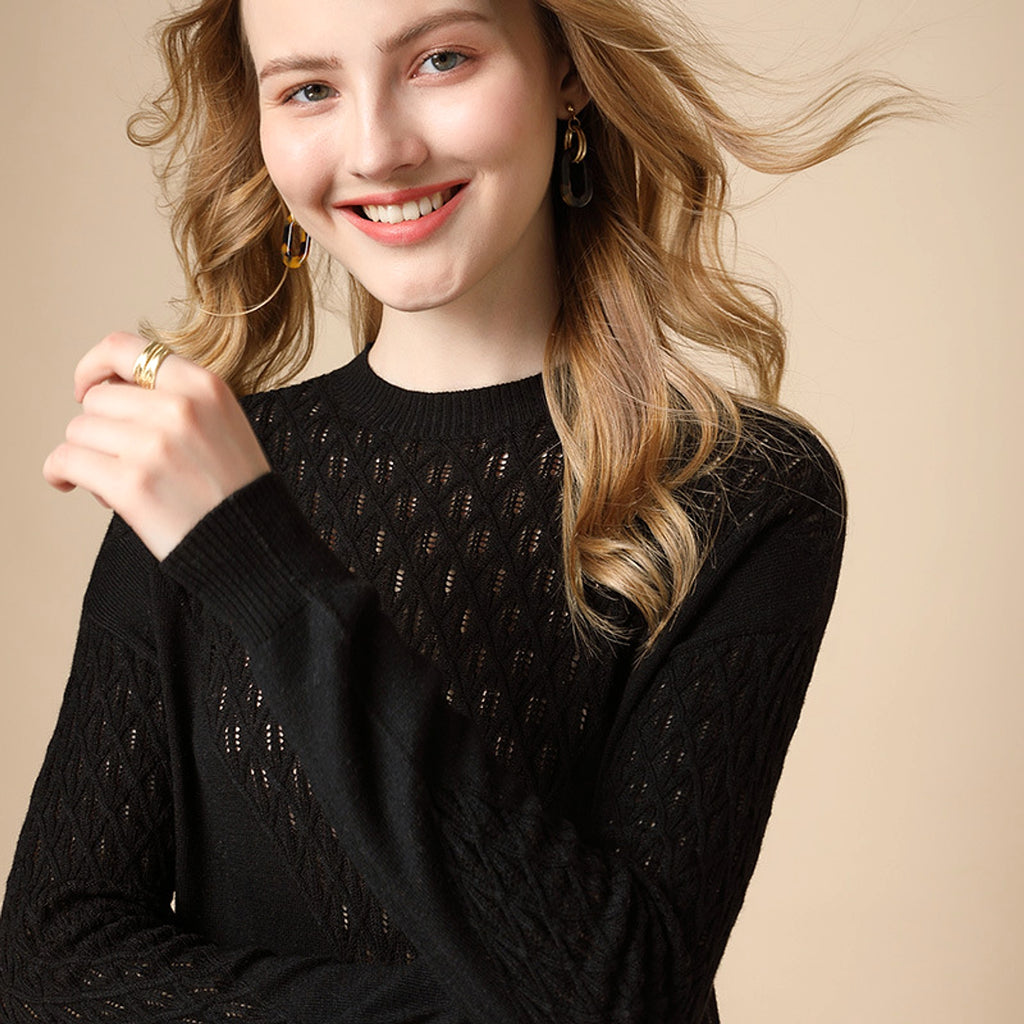 Pure Color Hollow Knitted Sweater Women Half High Fashion - enhanced image 5