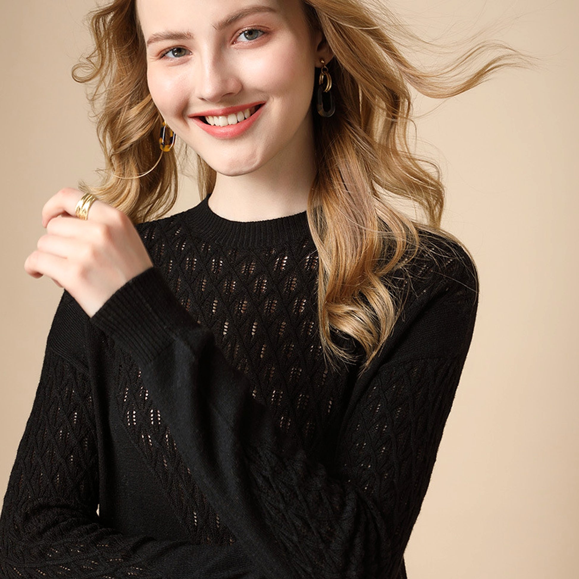 Pure Color Hollow Knitted Sweater Women Half High Fashion - enhanced image 5