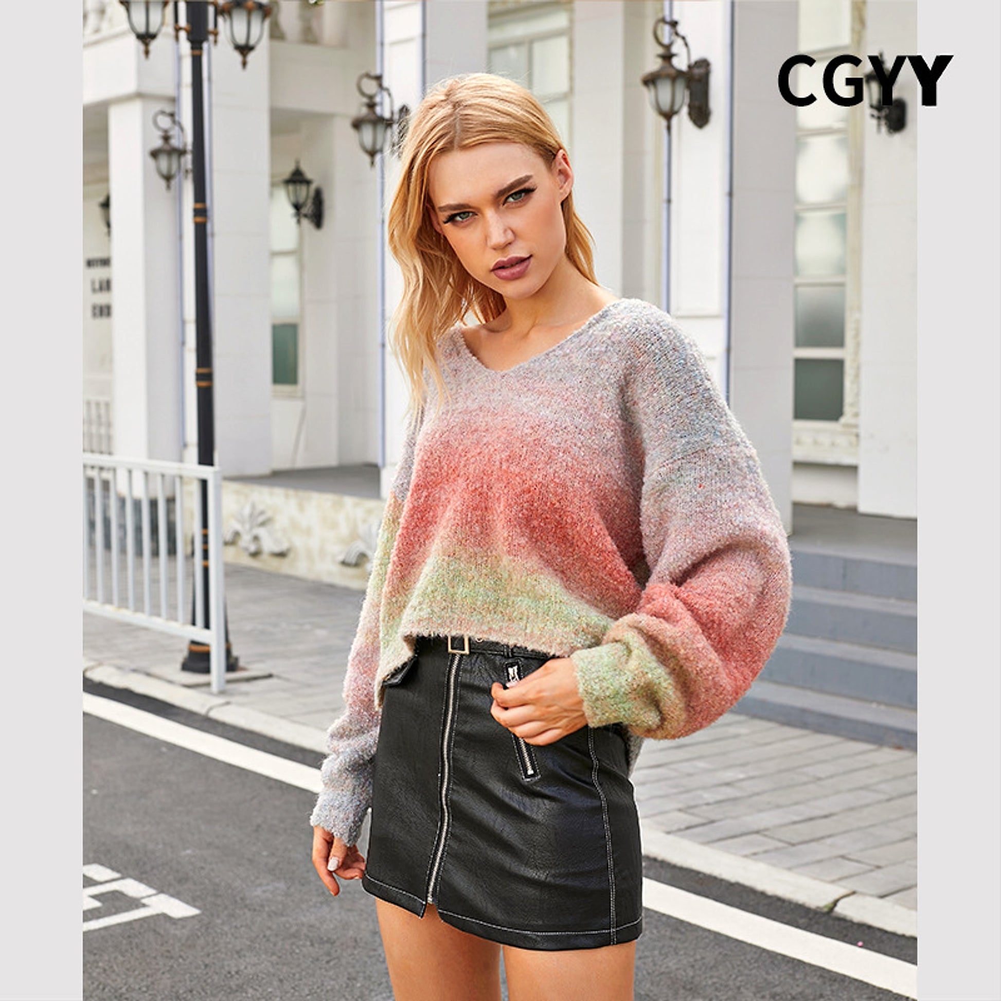 Rainbow Striped V-neck Sweater Loose-fitting Women - enhanced image 5