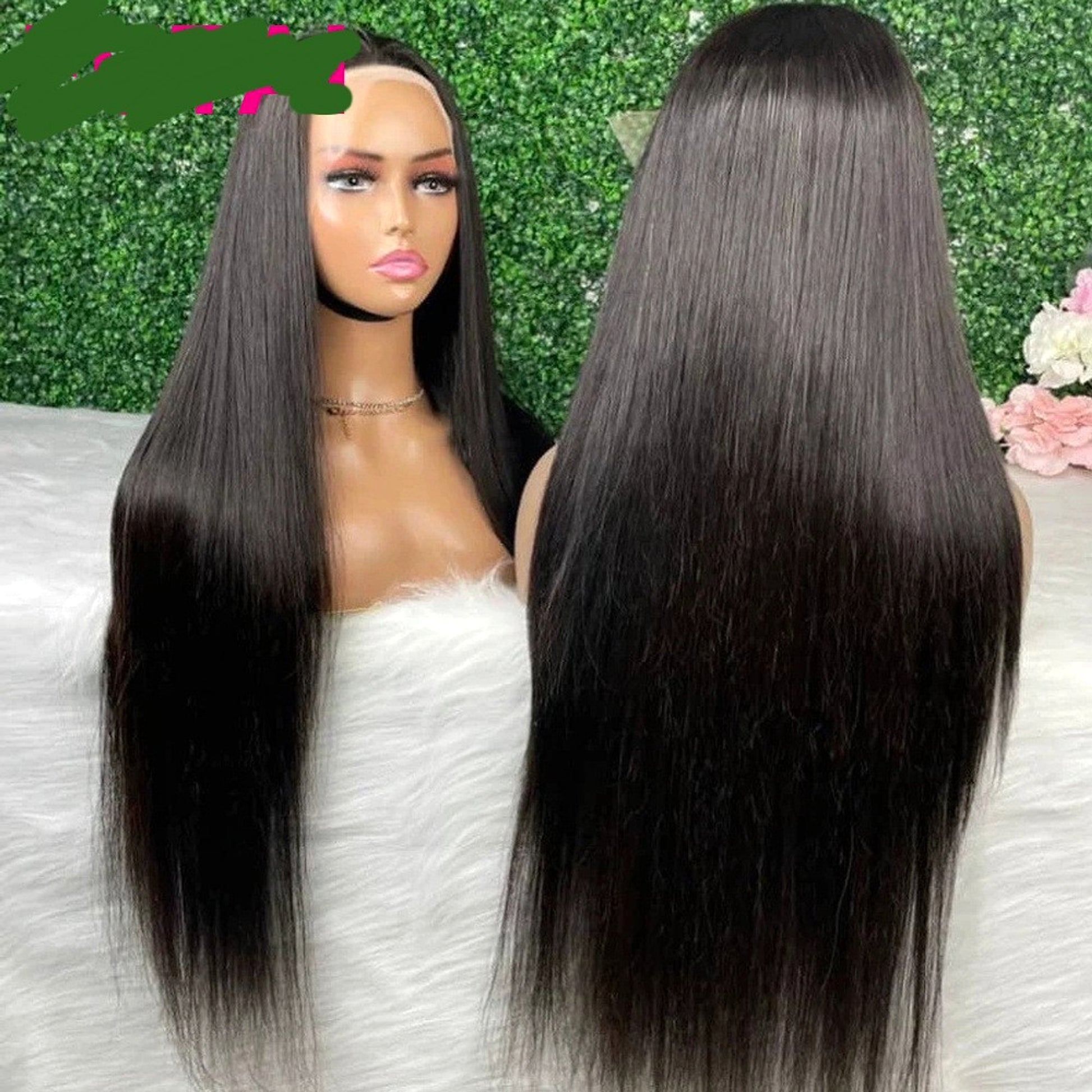 LuxeWave - Real Human Hair Lace Wig Set Straight Hair Black Medium Length - enhanced image 5