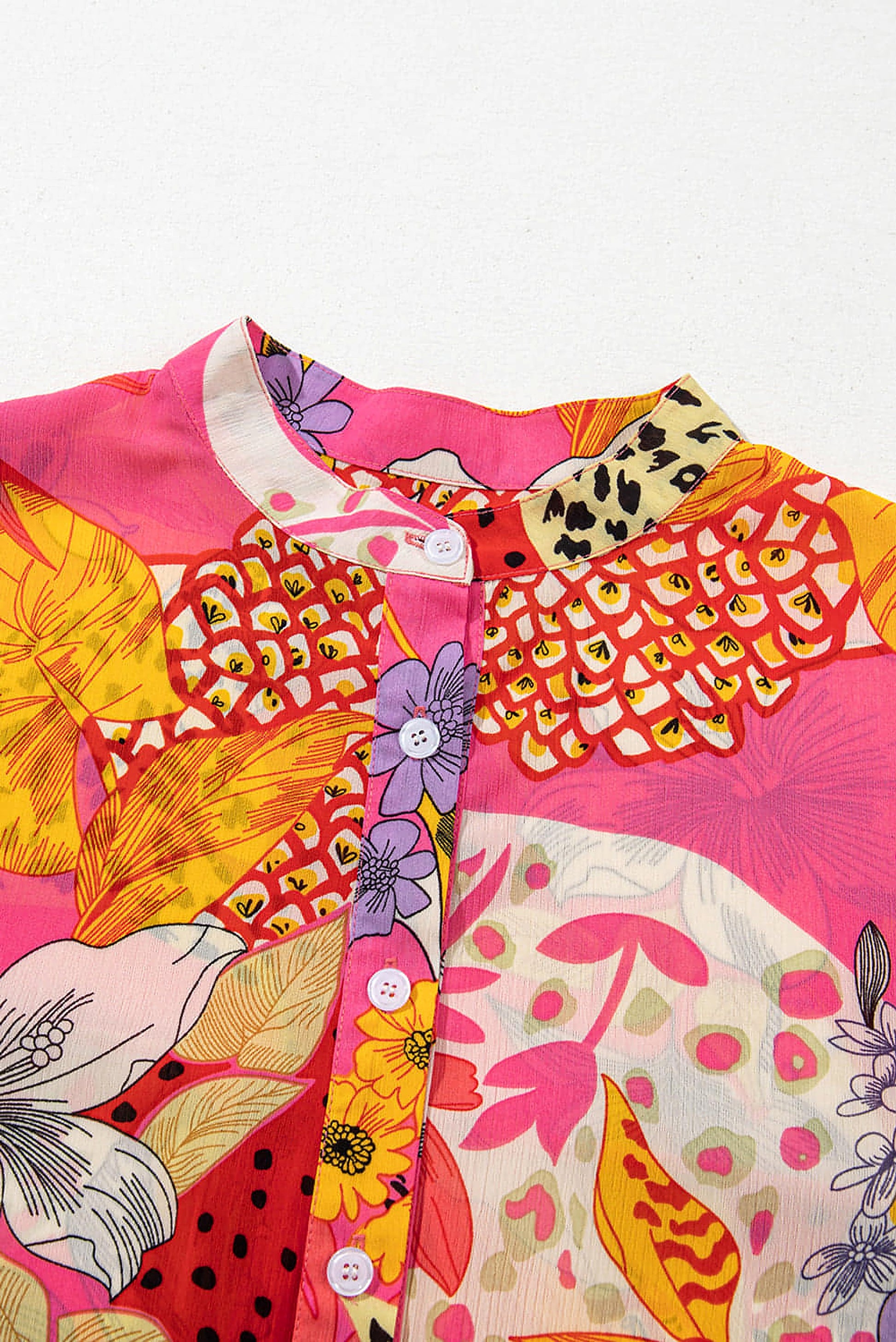 Red Abstract Floral Print Buttoned Ruffled Bubble Sleeve Shirt - enhanced image 5