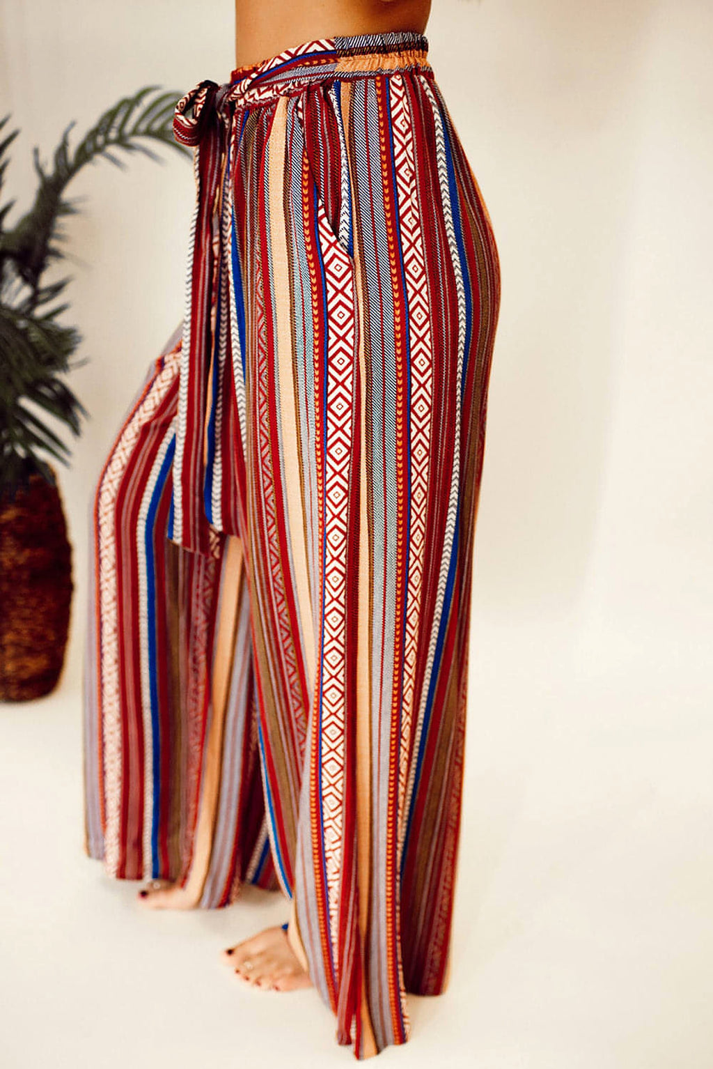 Red Boho Ethnic Striped Print Tie Waist Wide Leg Pants - enhanced image 5