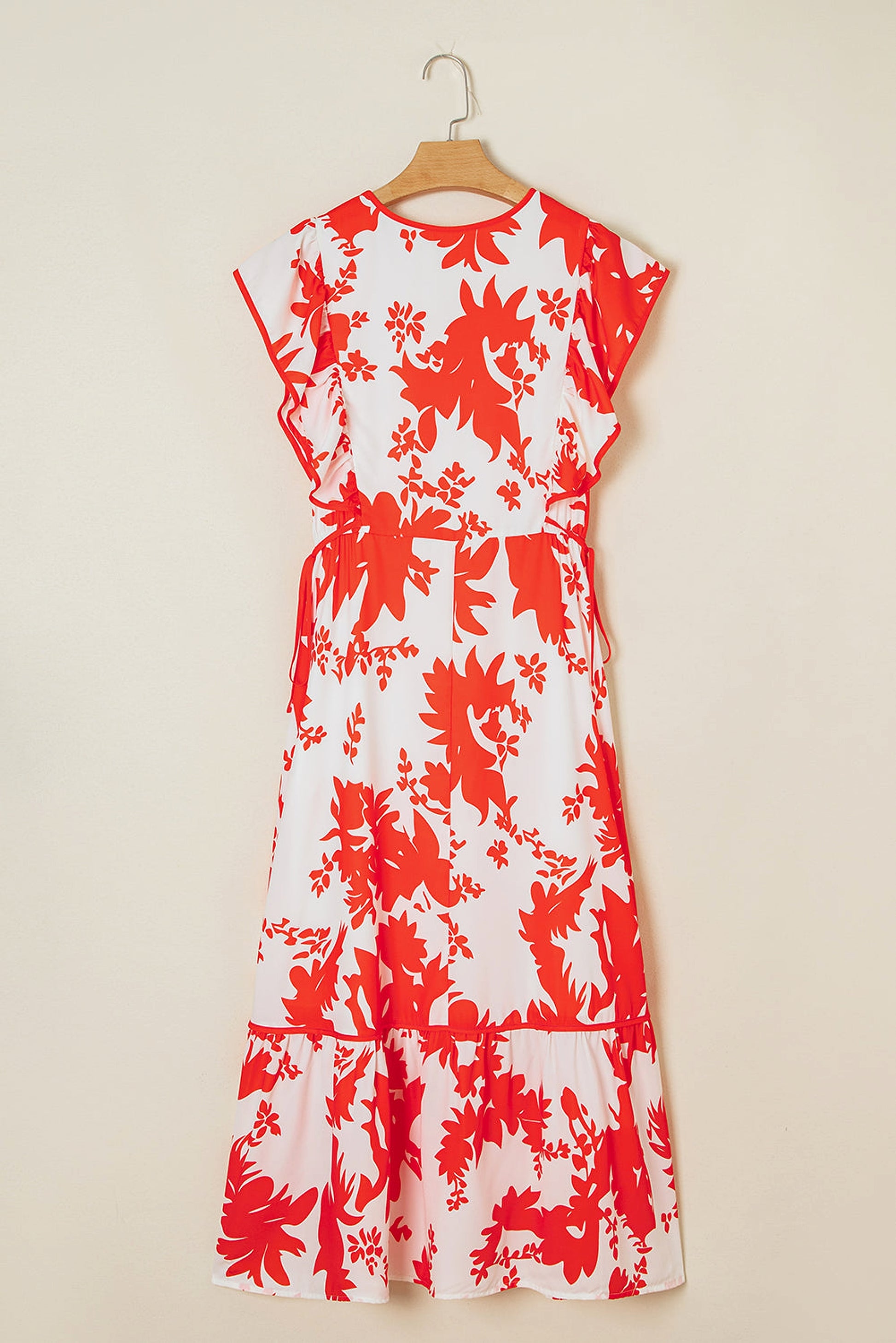 Red Floral Print Trimmed V Neck Ruffle Sleeve Long Dress - enhanced image 5