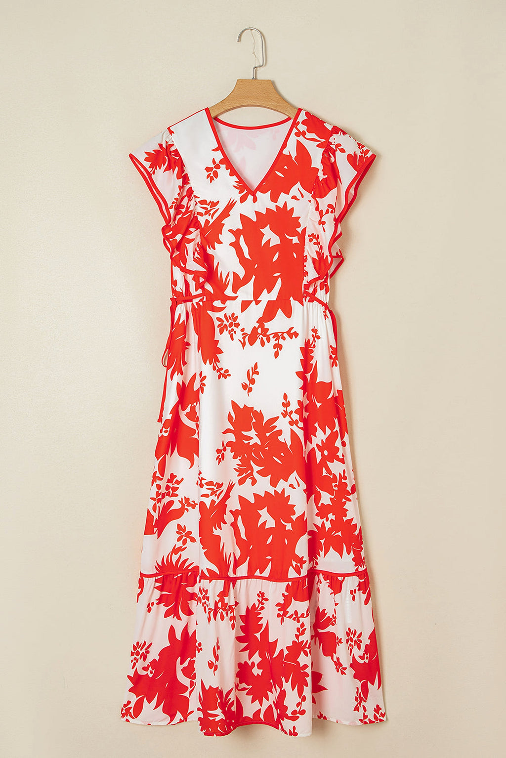 Red Floral Print Trimmed V Neck Ruffle Sleeve Long Dress - enhanced image 5