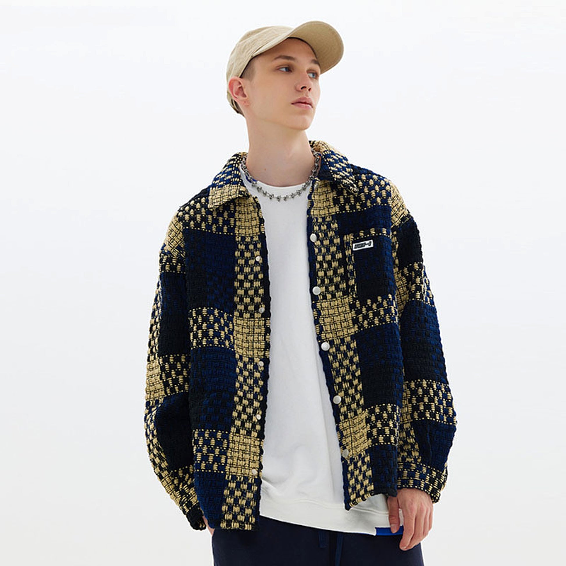 Retro Plaid Stitching Lapel Jacket For Men - enhanced image 5