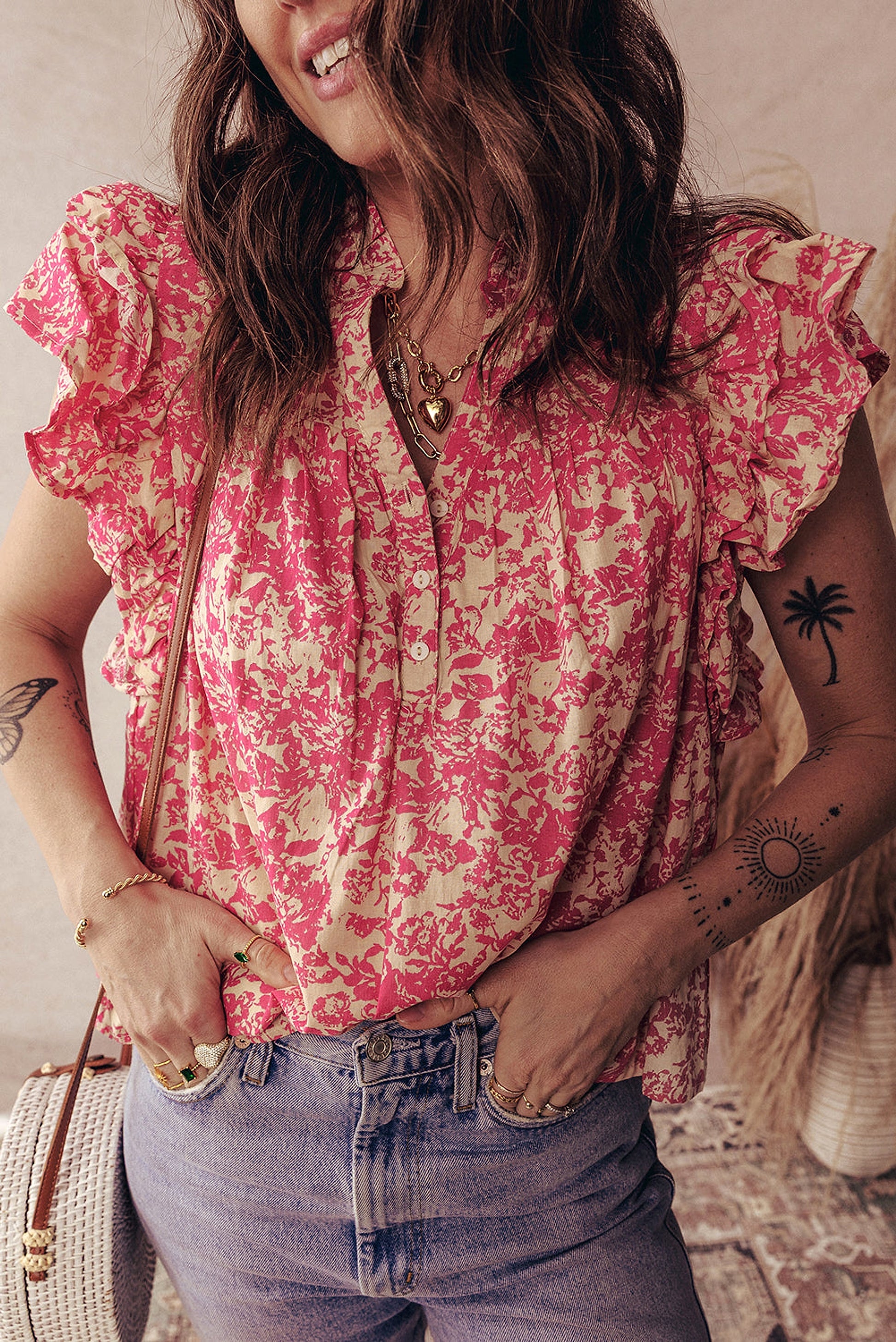 Rose Allover Printed Half Button Neck Ruffle Sleeve Blouse - enhanced image 5