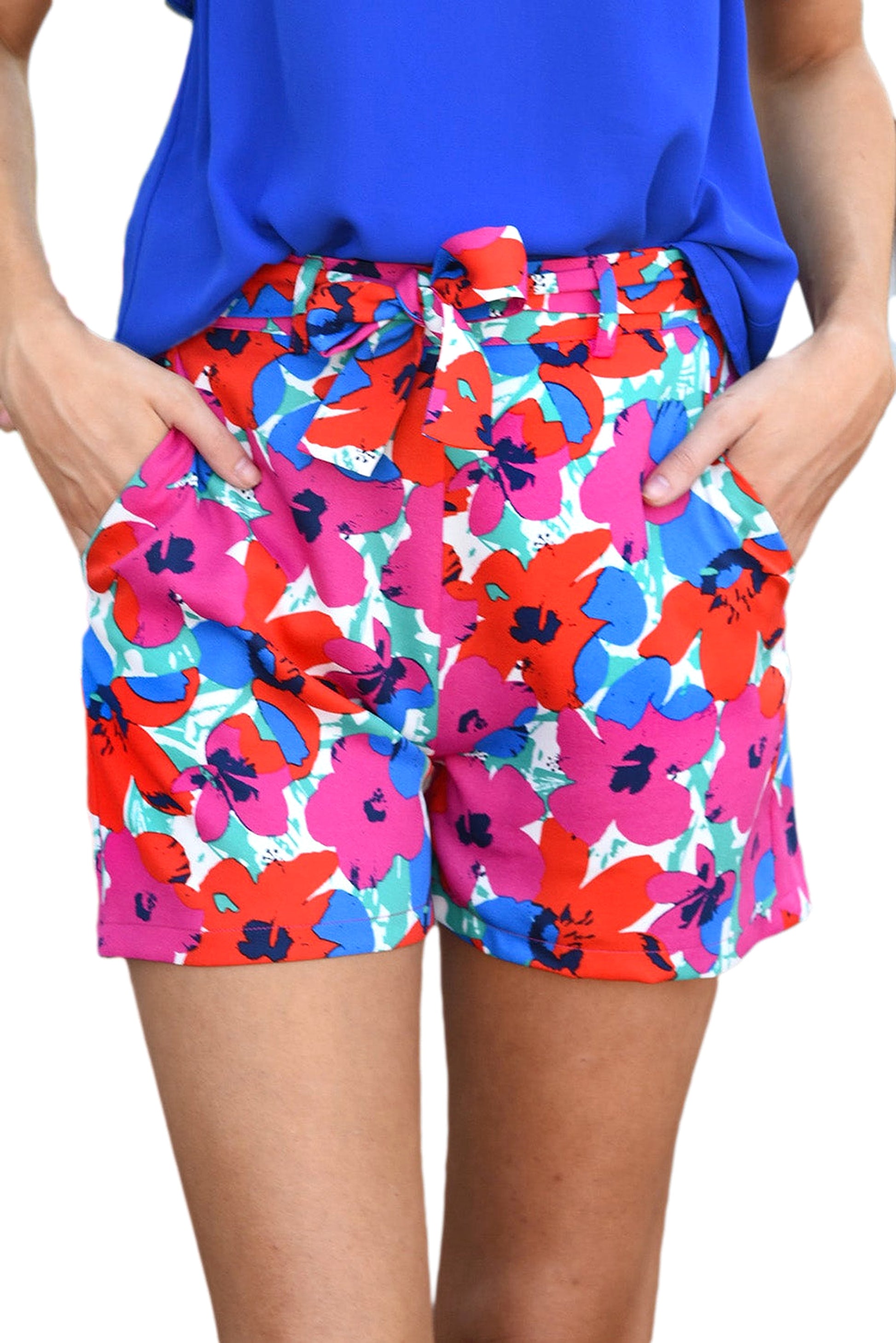 Rose Floral Print Belted Shorts - enhanced image 5