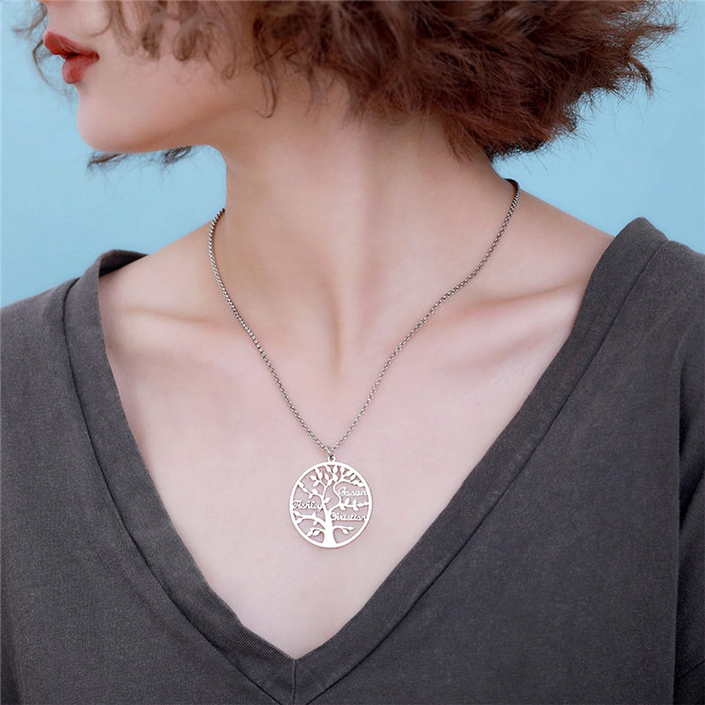 Rose Gold Family Tree Name Necklace Tree Of Life Stainless Steel Customised Necklace - enhanced image 5