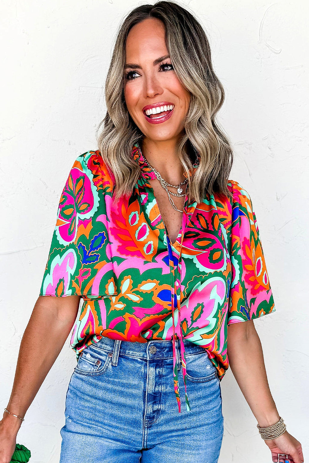 Rose Summer Plant Print Lace up V Neck Short Sleeve Blouse - enhanced image 5