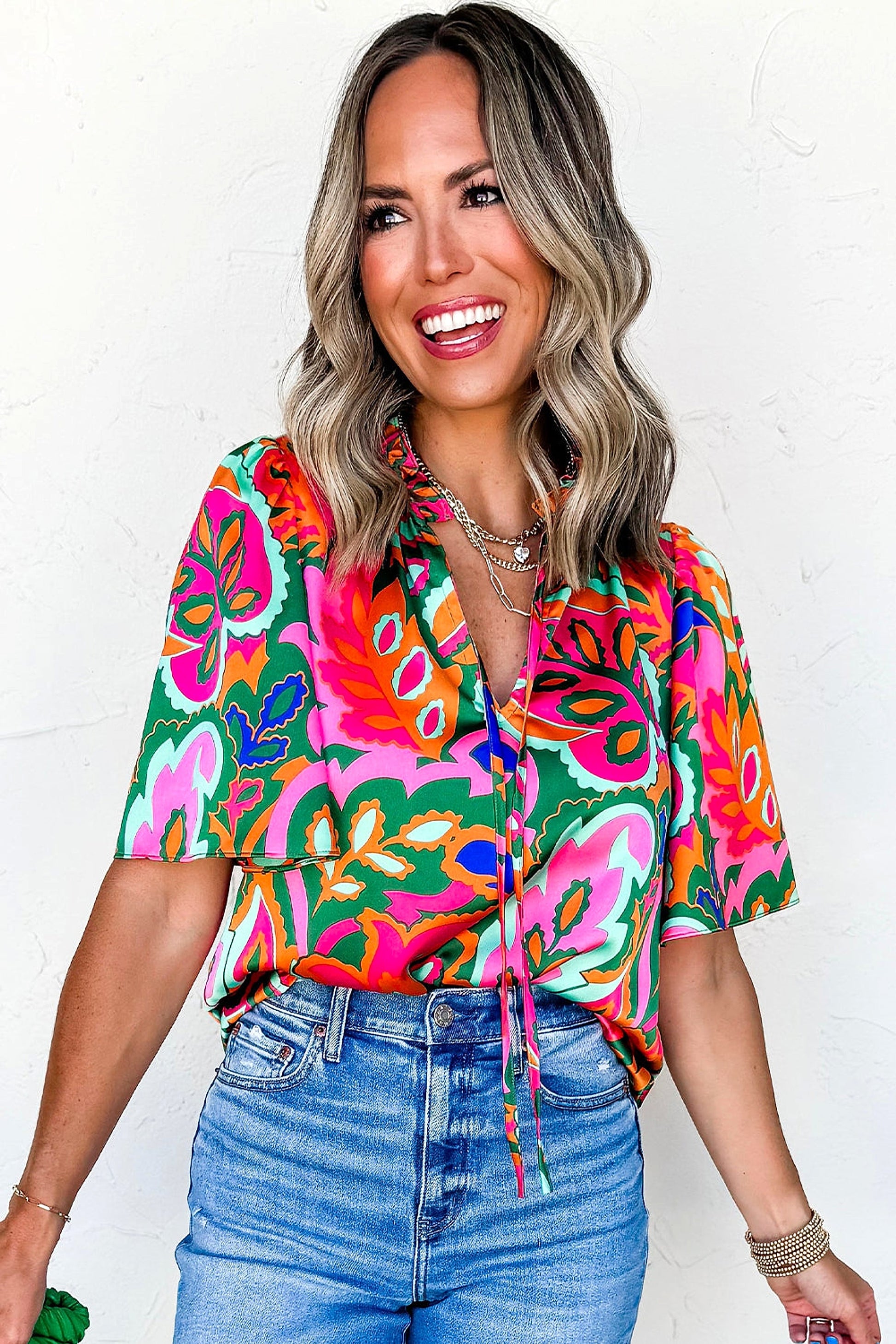 Rose Summer Plant Print Lace up V Neck Short Sleeve Blouse - enhanced image 5