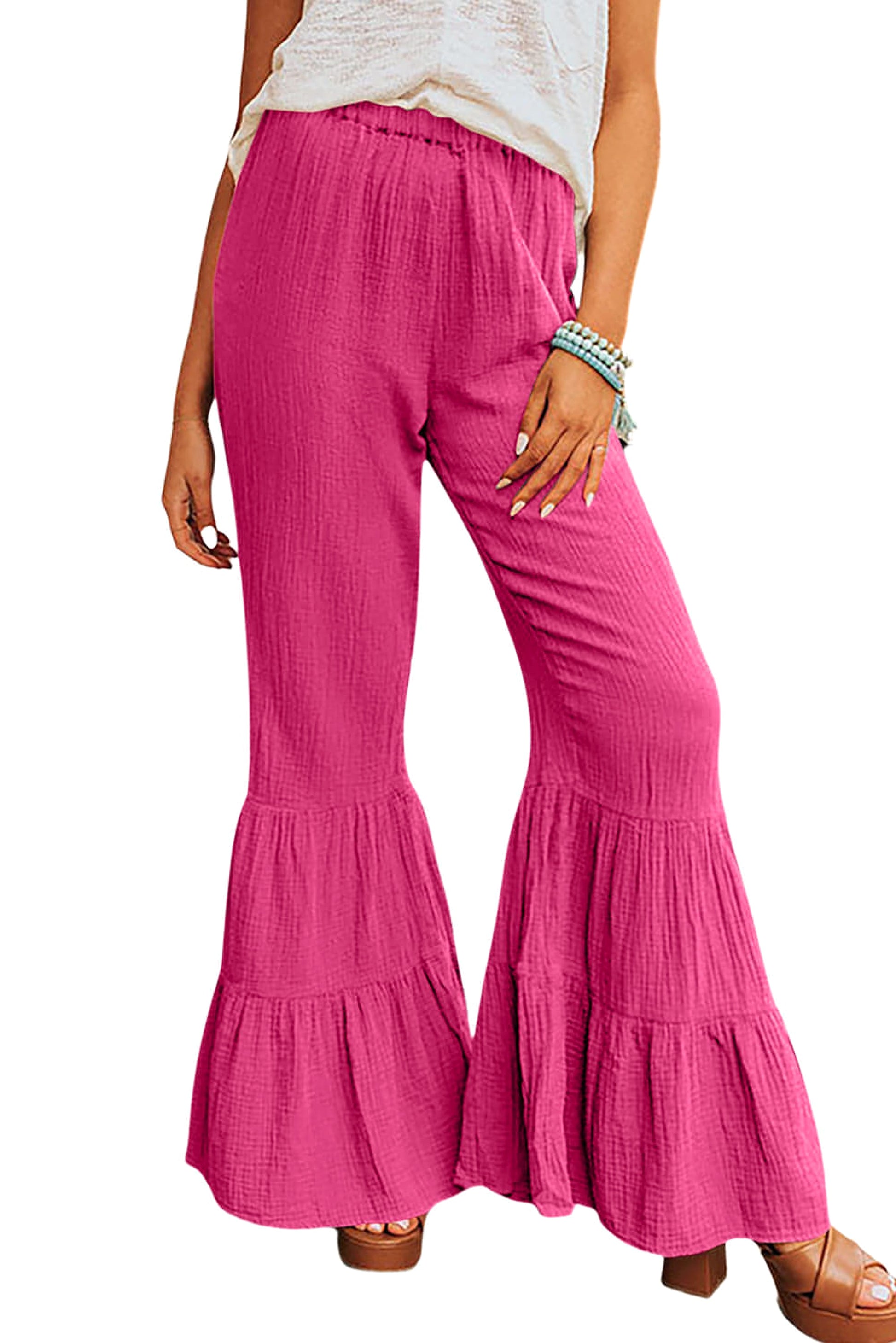 Rose Textured High Waist Ruffled Bell Bottom Pants - enhanced image 5