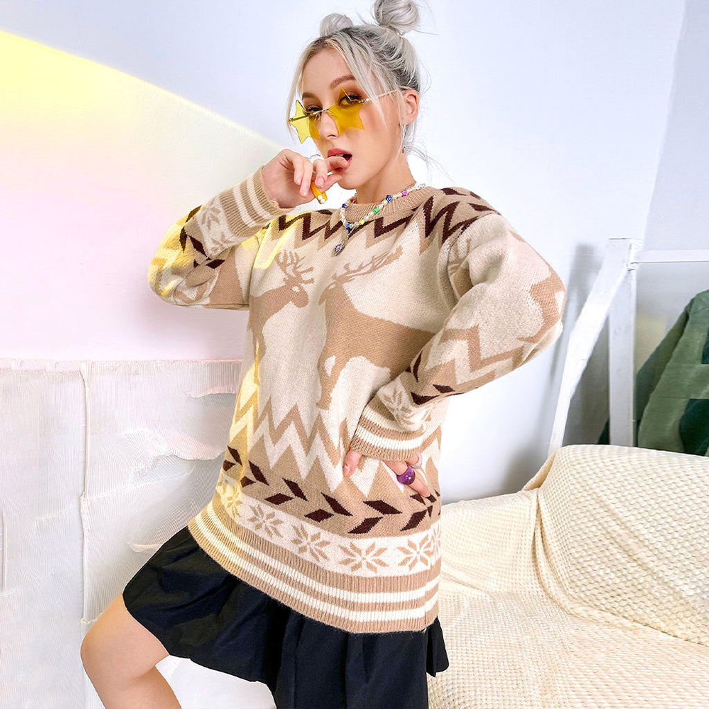 Round Neck Pullover Elk Style Women's Knitted Sweater Women - enhanced image 5