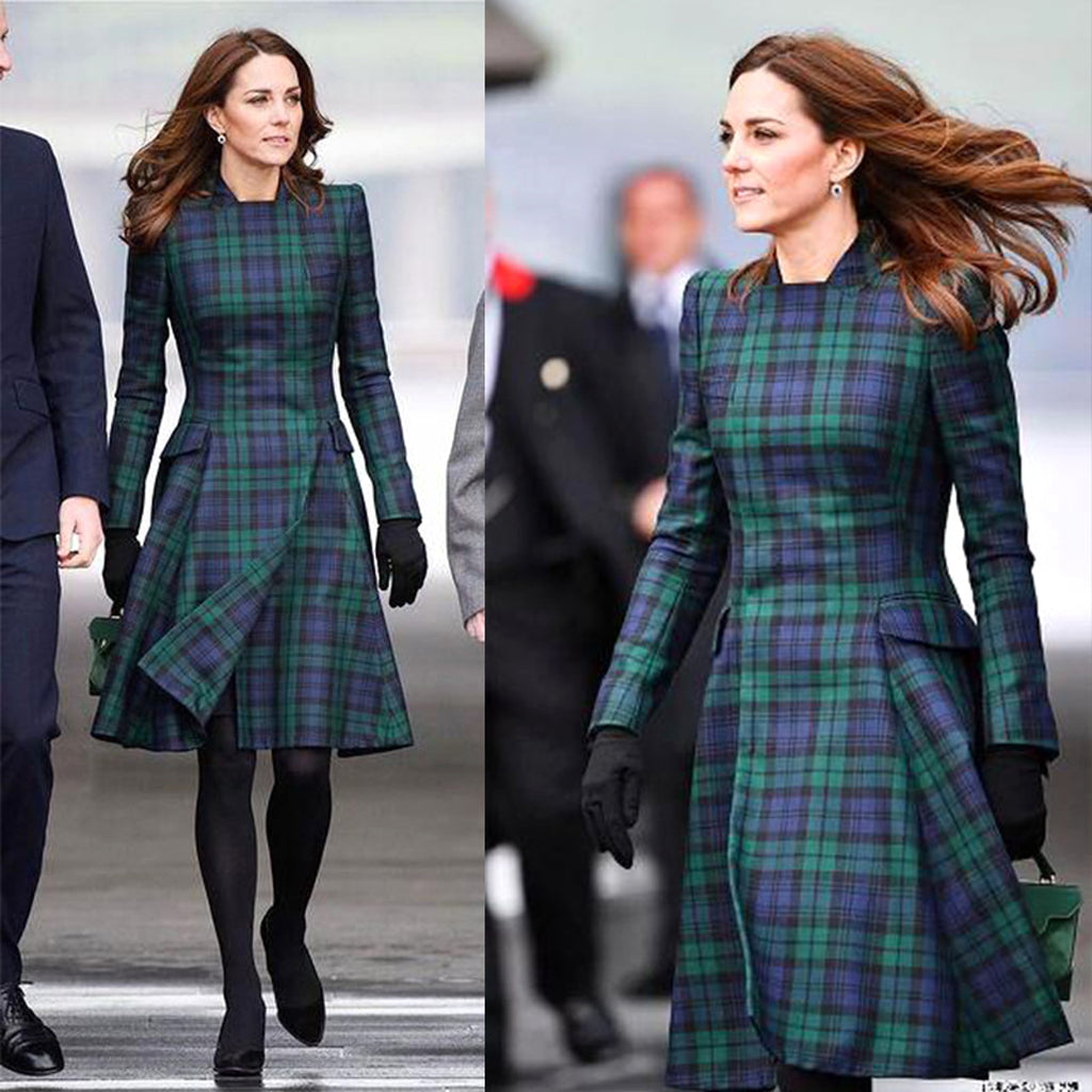 A1. Royal English Lapel Long Sleeve Plaid Waist Dress - enhanced image 5