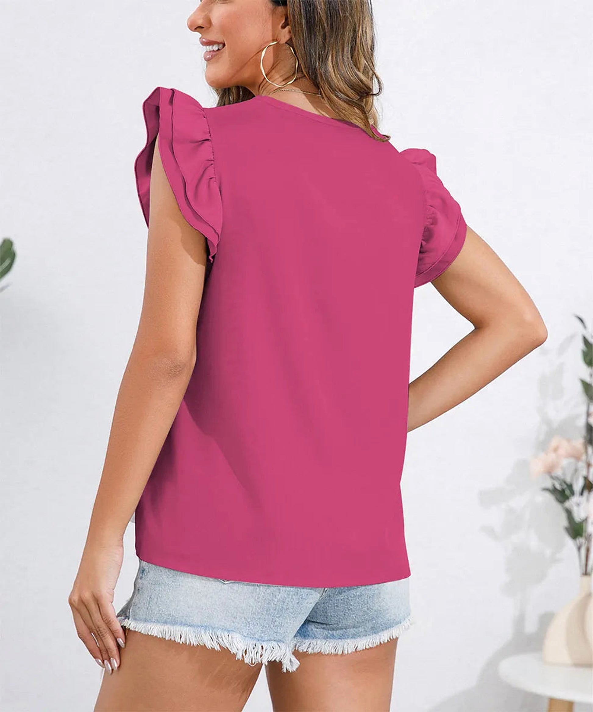 Ruffle Cap Sleeve Round Neck Blouse - enhanced image 5