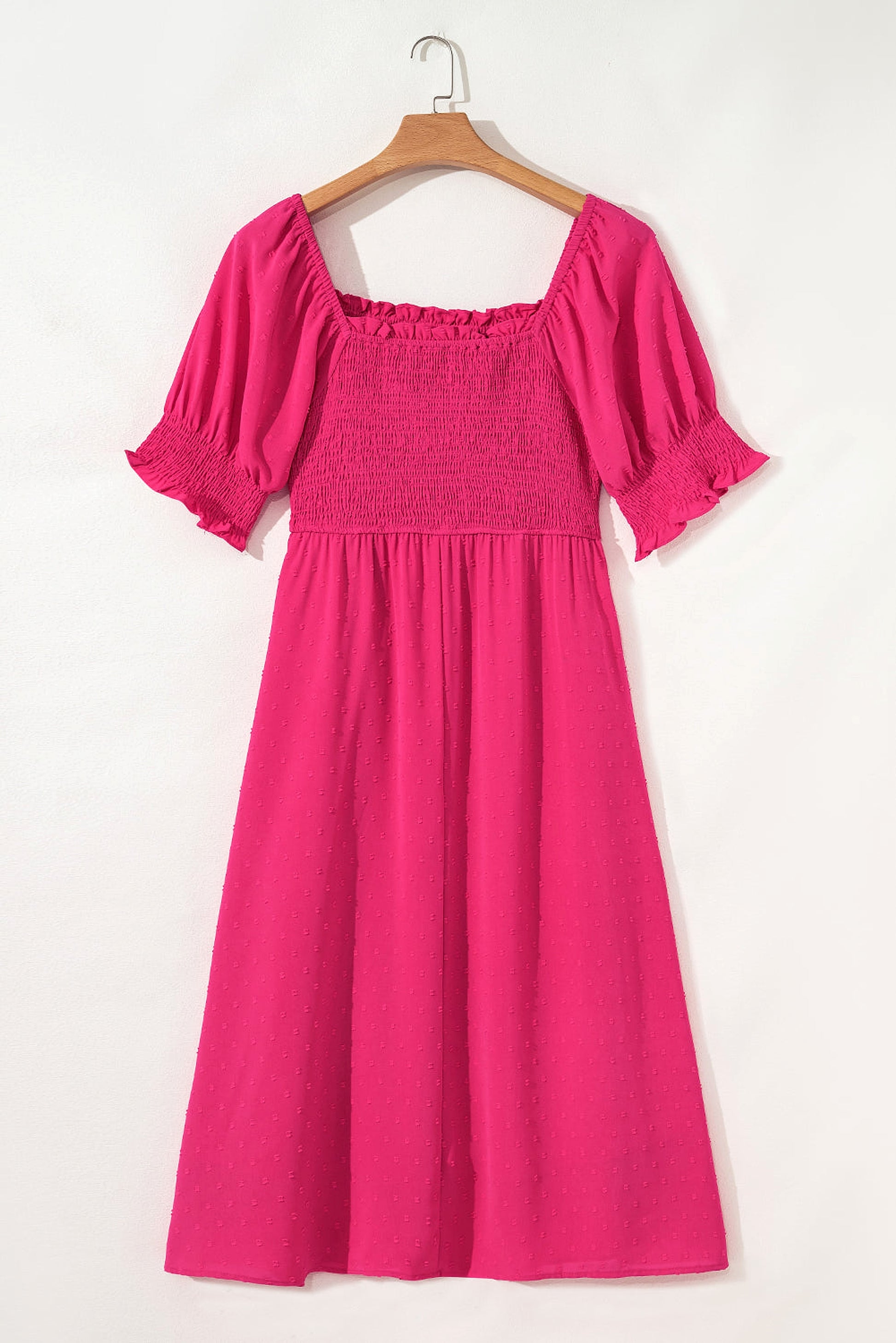 Sachet Pink Swiss Dot Smocked Frilled Neckline Short Sleeve Plus Size Dress - enhanced image 5