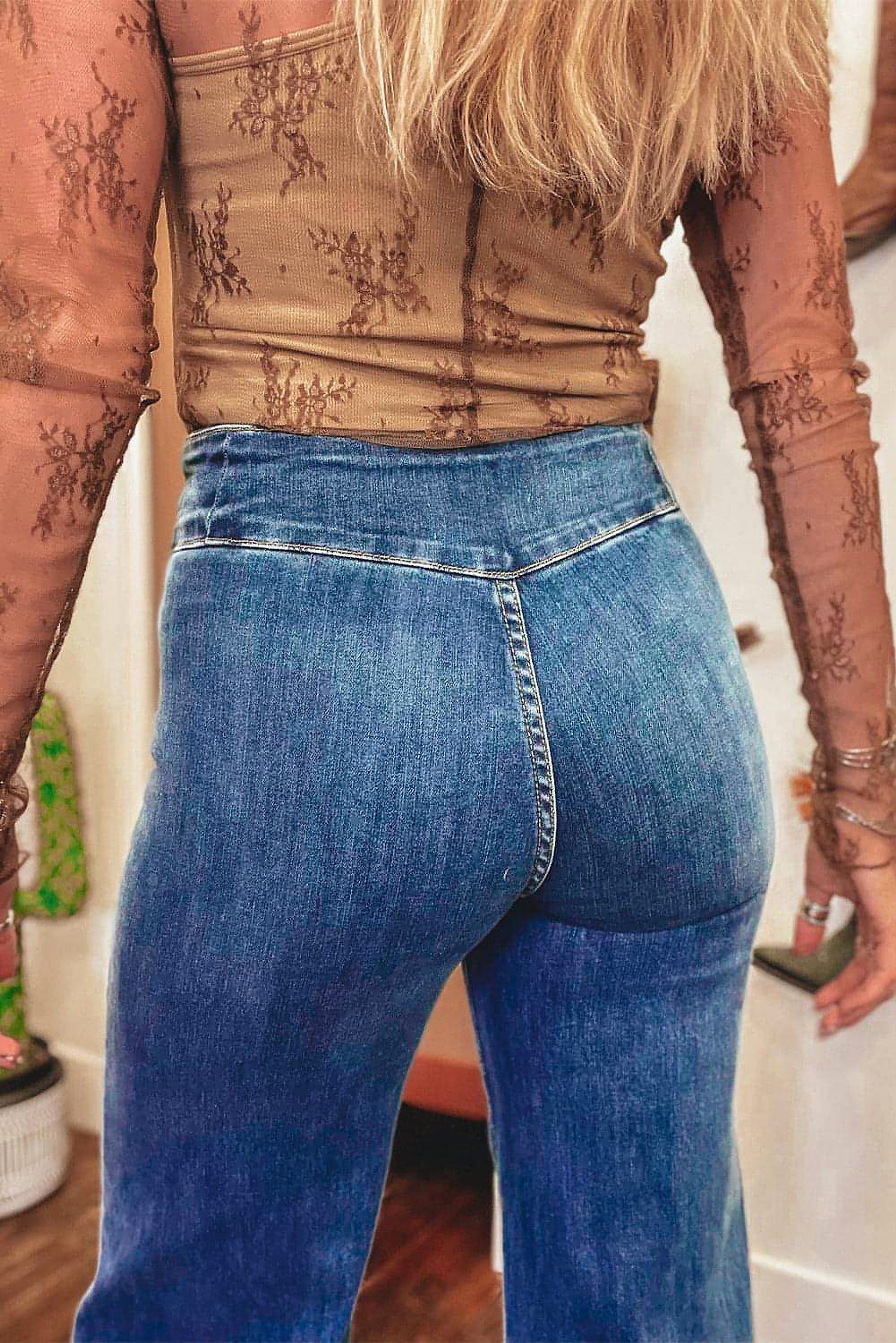 Sail Blue High Waist Button Fly Seamed Raw Hem Flare Jeans - enhanced image 5