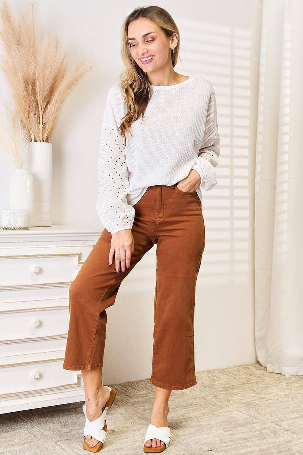 Shiny Eyelet Dropped Shoulder Round Neck Blouse - enhanced image 5