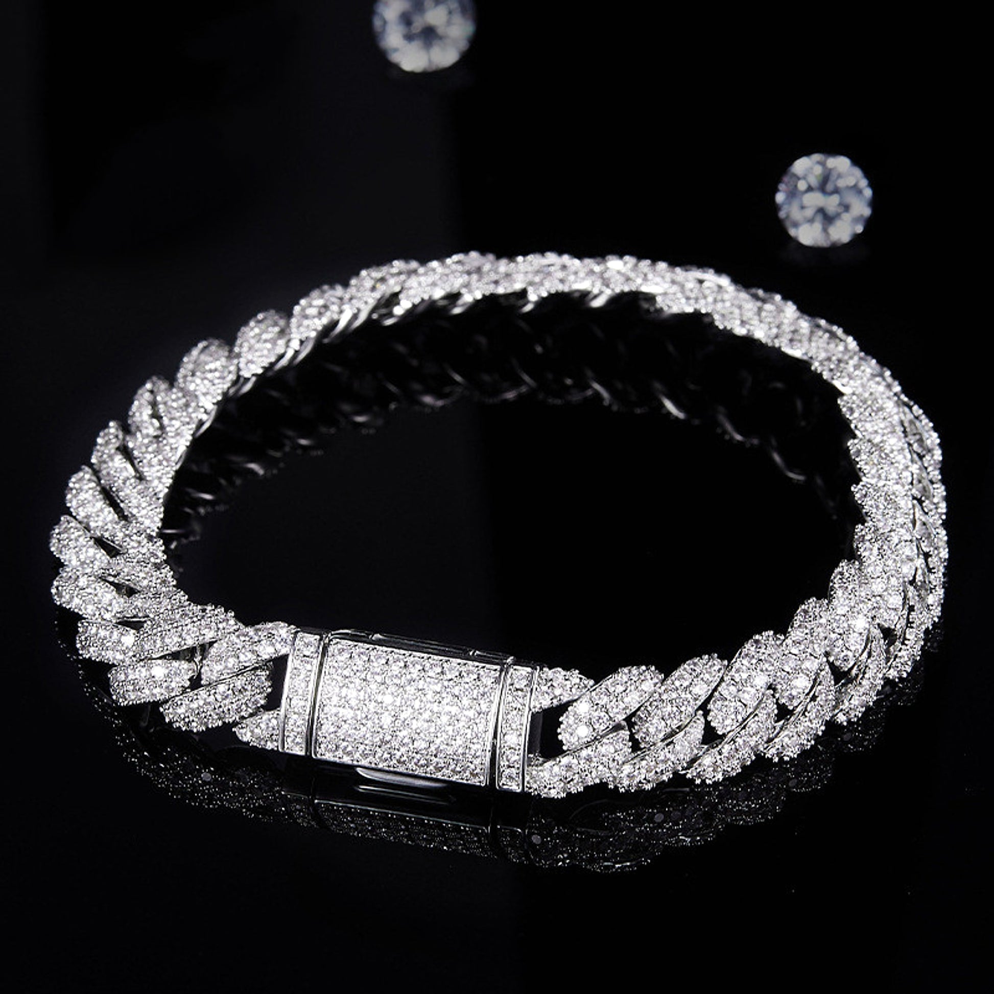 Silver Cuban Bracelet Or Necklace With Moissanite Diamonds - enhanced image 5