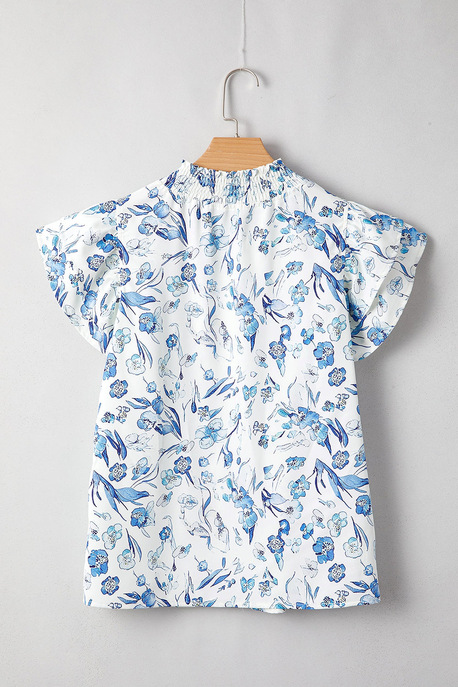 Sky Blue Floral Print Ruffled Short Sleeve Blouse - enhanced image 5
