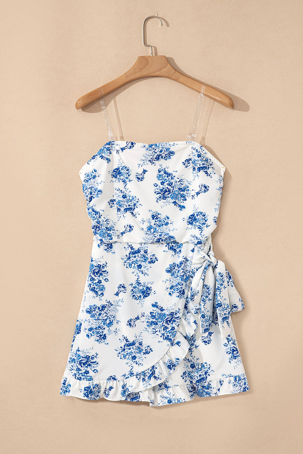 Sky Blue Floral Print Strapless Zipped Back Knot Waist Ruffled Romper - enhanced image 5