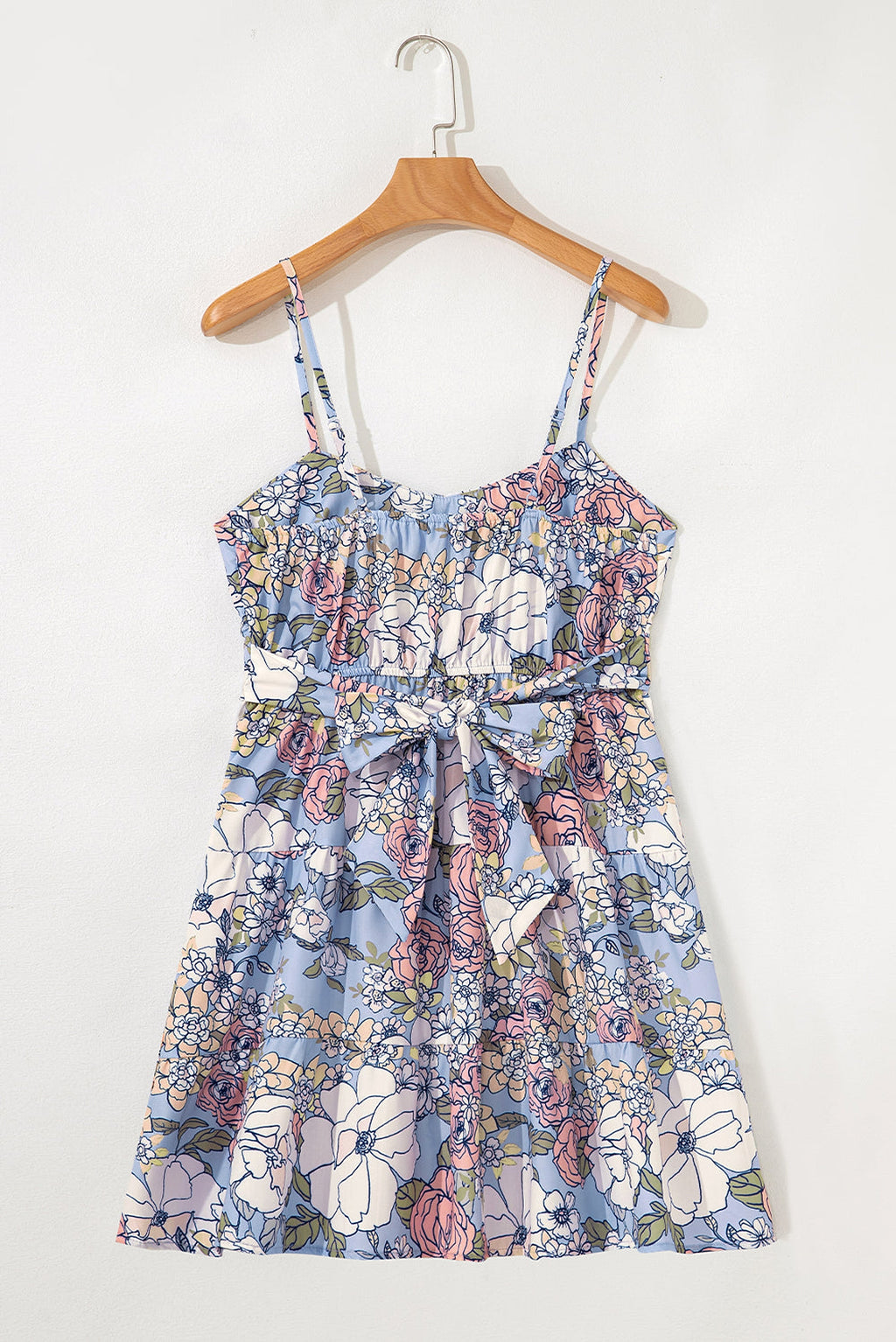 Sky Blue Floral Tiered Patchwork Spaghetti Strap Vacation Dress - enhanced image 5