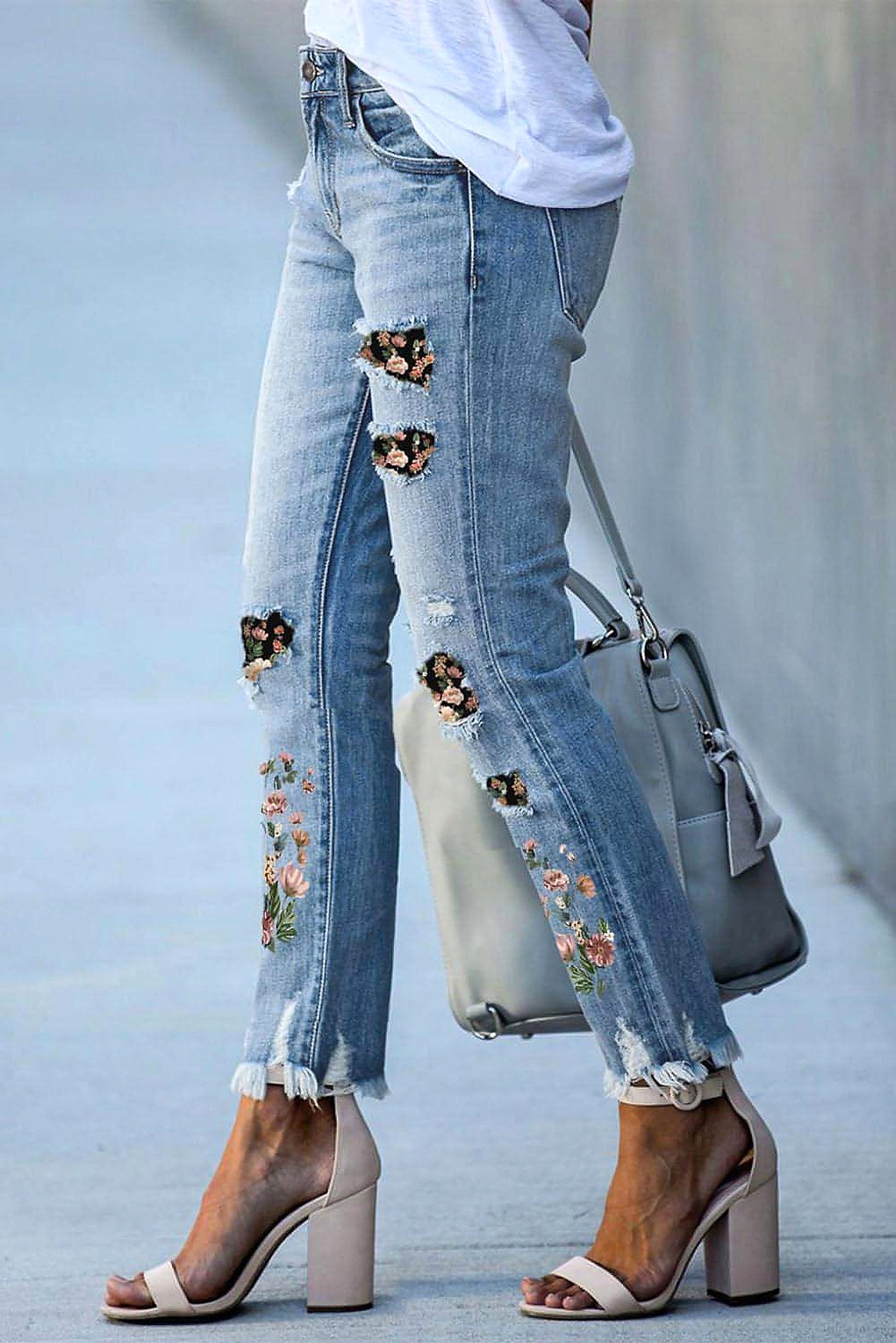 Sky Blue Printed Patch Ripped Skinny Jeans - enhanced image 5