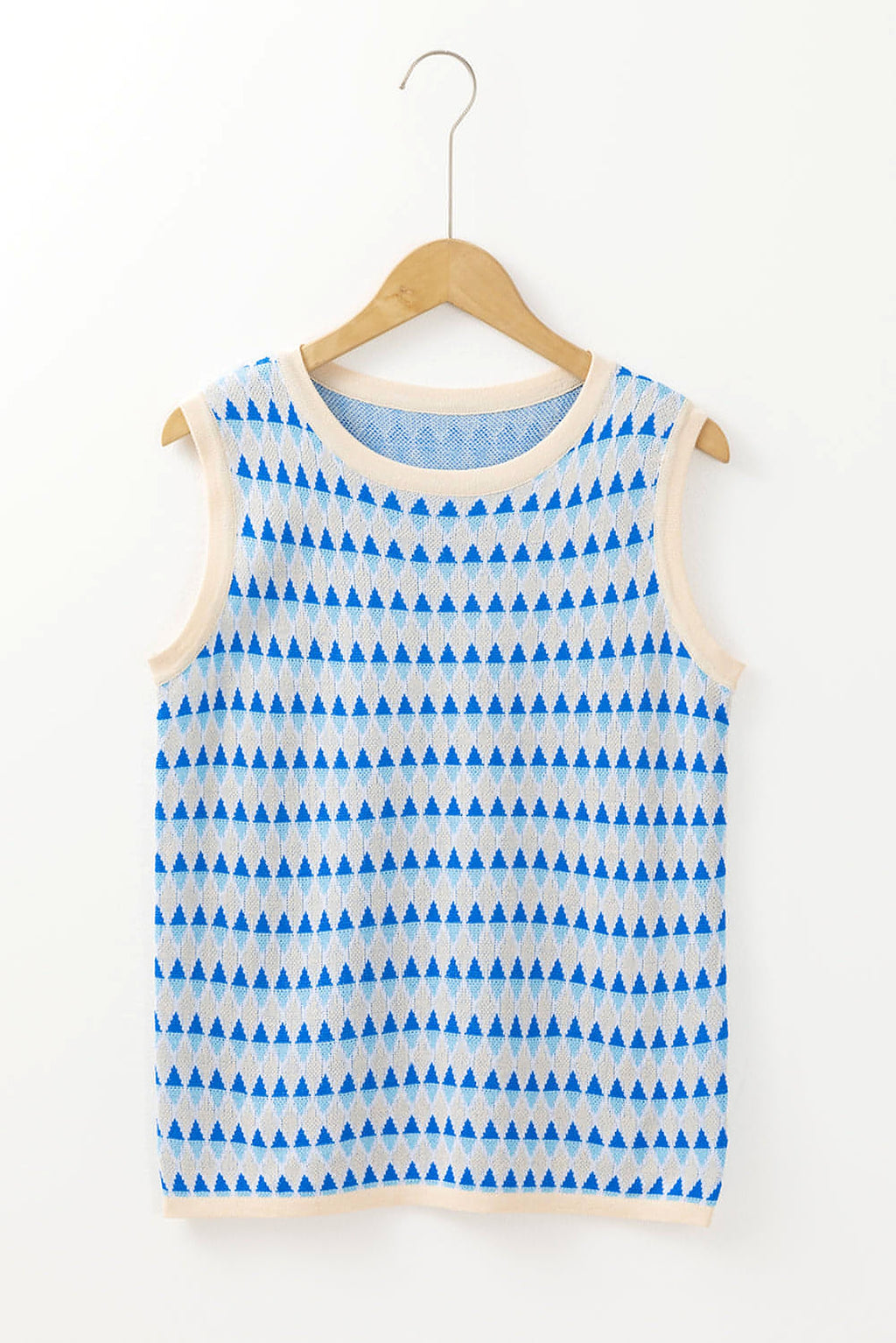 Sky Blue Stripe Geometric Print Round Neck Slim Fit Sweater Vest - enhanced image 5