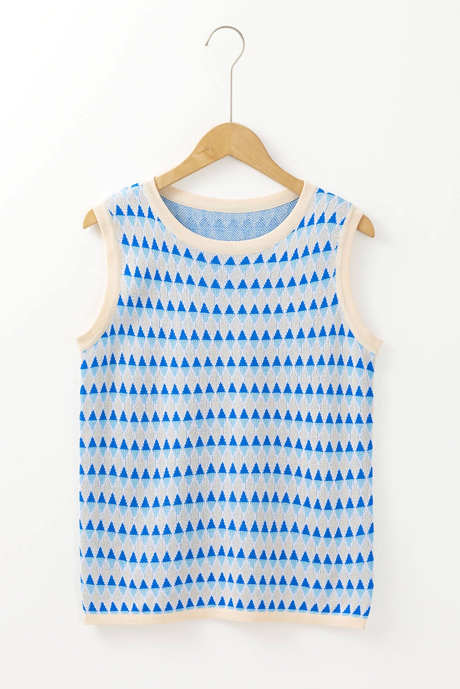 Sky Blue Stripe Geometric Print Round Neck Slim Fit Sweater Vest - enhanced image 5