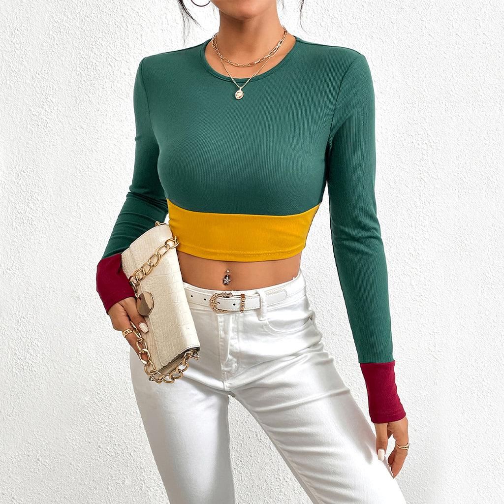 Slim Fit O-neck Short Stitching Long Sleeve T-shirt Women - enhanced image 5