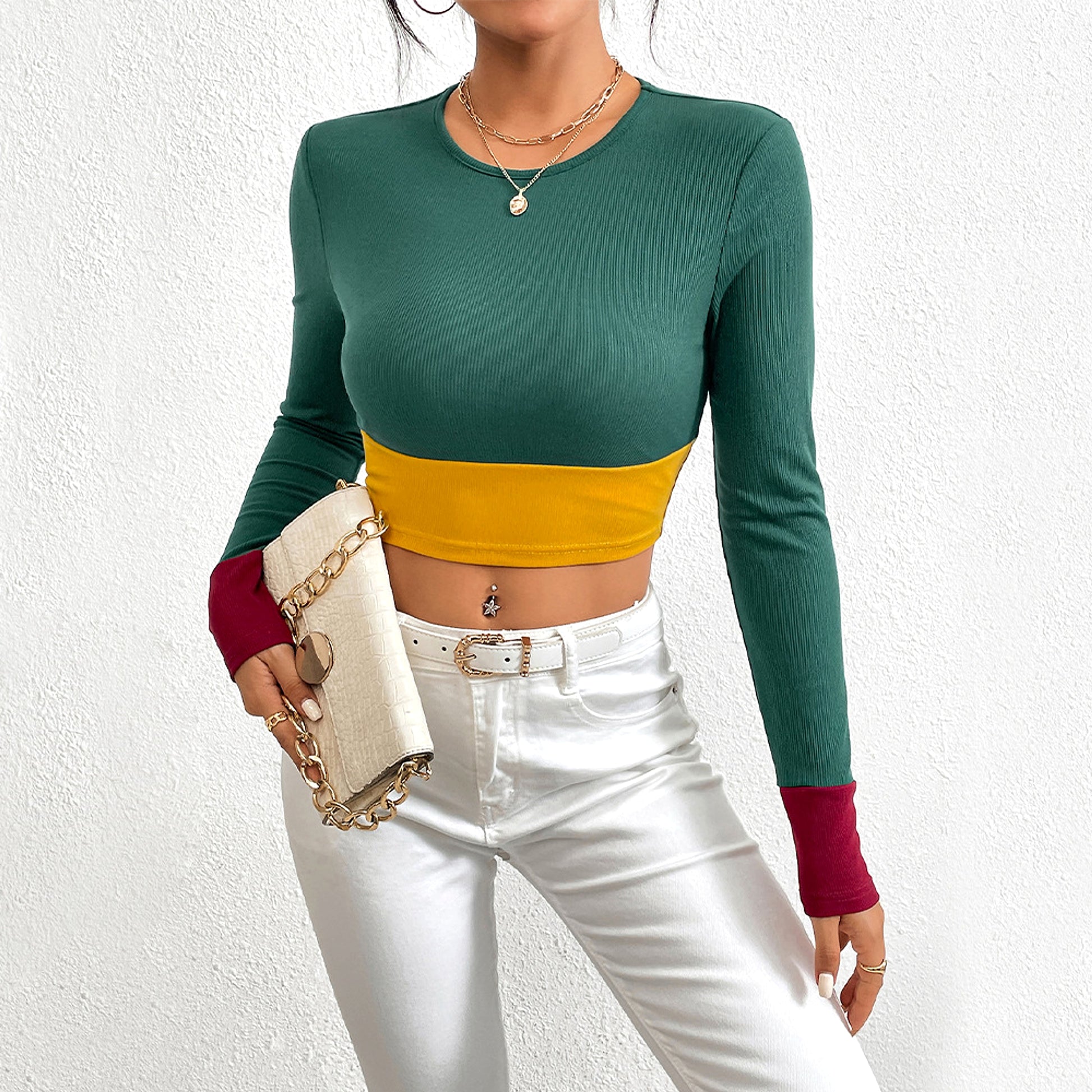 Slim Fit O-neck Short Stitching Long Sleeve T-shirt Women - enhanced image 5