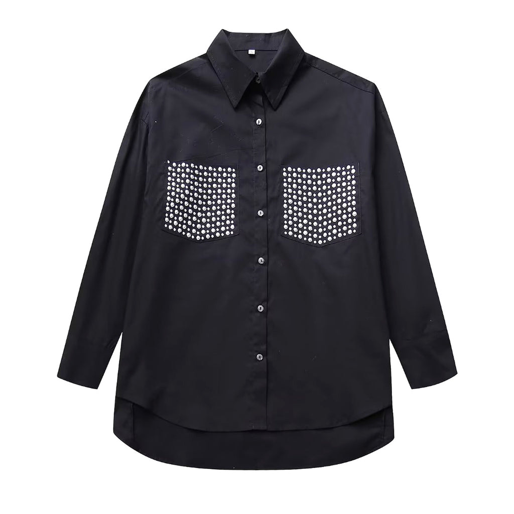 Street Trendy Rivet Ornament Loose Long Sleeve Shirt Women - enhanced image 5
