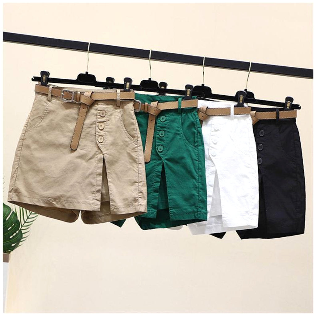 Summer New Button High Waist With Belt Cotton Shorts For Women Skirt - enhanced image 5