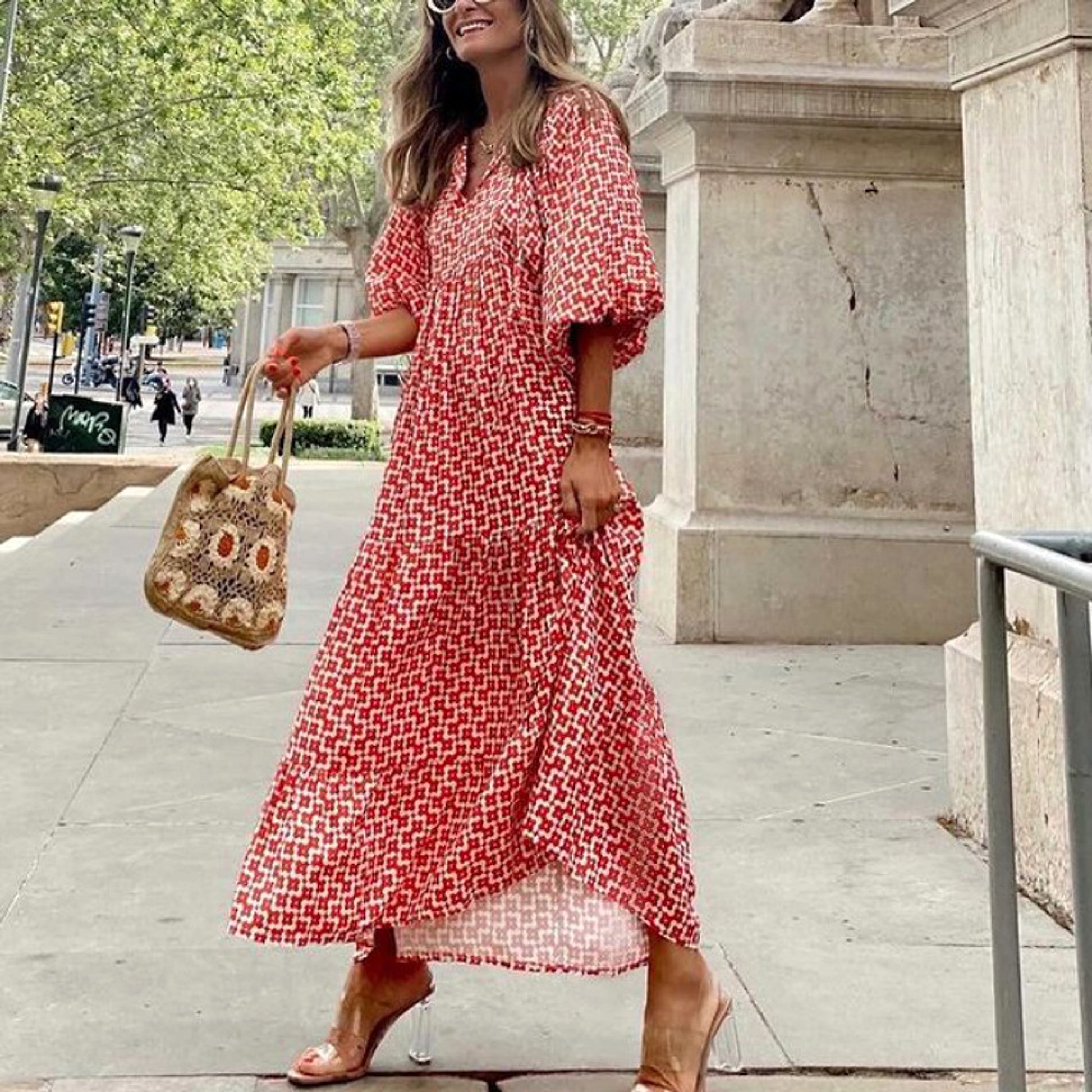 Summer Women's Vintage Printed Bohemian Dress Elegant Ladies Casual Loose V-Neck Short Sleeve Long Dresses - enhanced image 5