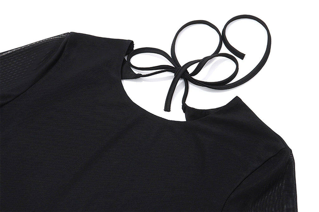 Temperament Crew Neck Horn Long Sleeve Mesh Dress Skinny Skirt - enhanced image 5