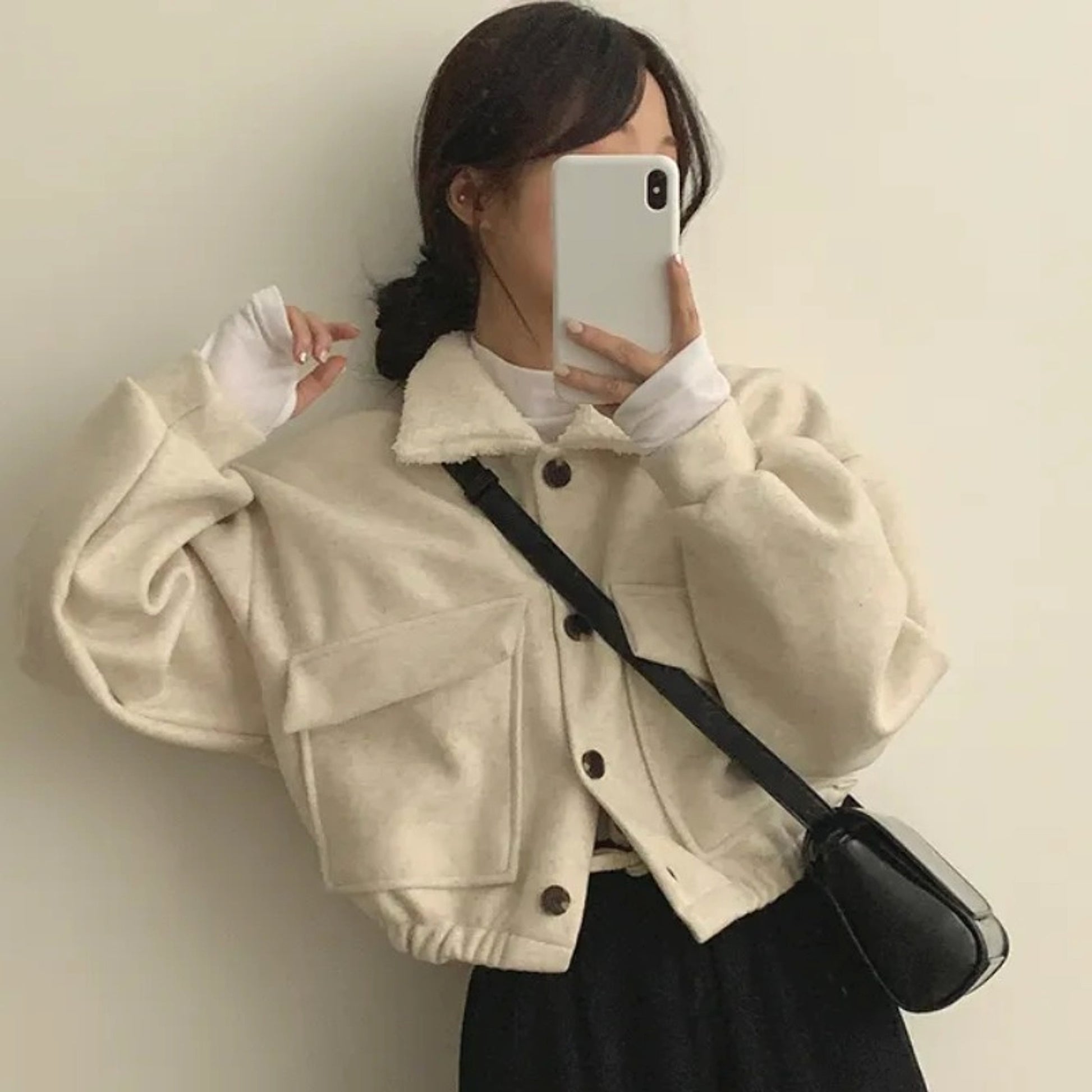 Thickened wool collar jumper for women with long sleeves and double pockets - enhanced image 5