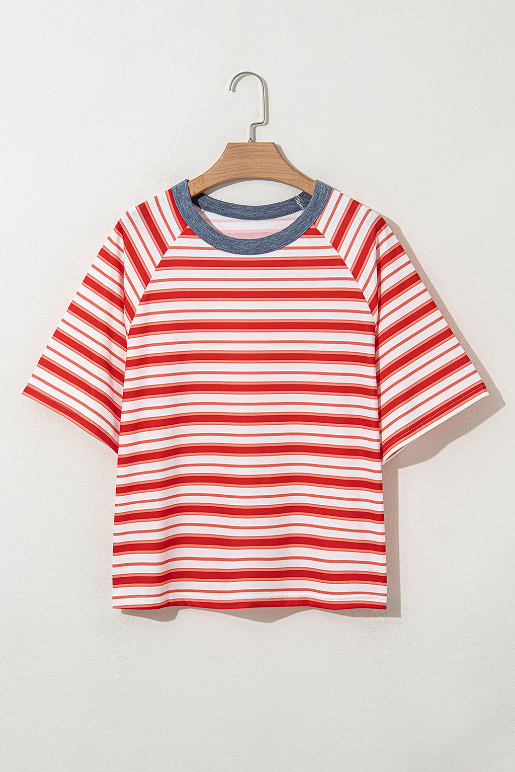 Tomato Red Stripe Print Contrast Collar Raglan Sleeve T Shirt - enhanced image 5