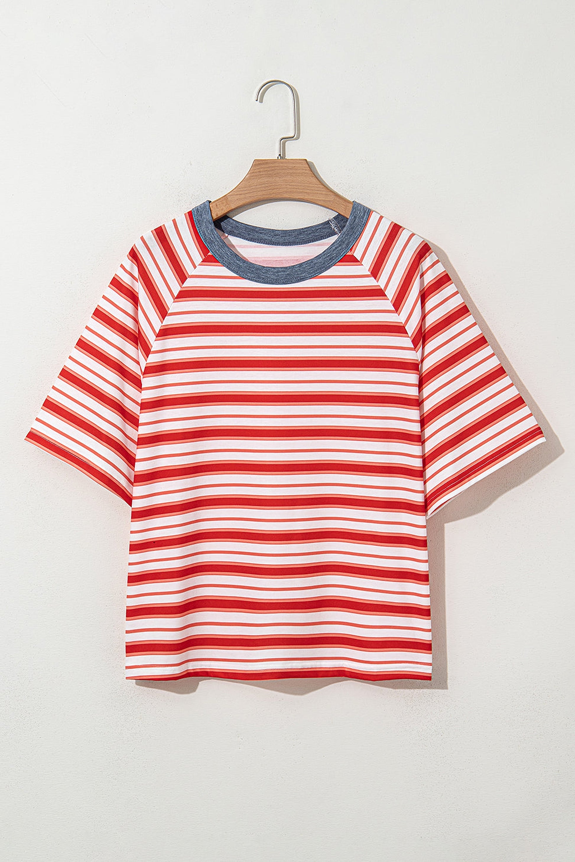 Tomato Red Stripe Print Contrast Collar Raglan Sleeve T Shirt - enhanced image 5